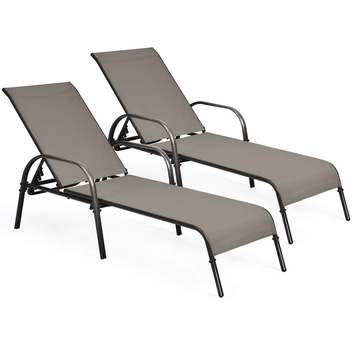 COSTWAY Outdoor Lounge Chairs Set of 2, Patio Chaise Lounge Recliner with Heavy Duty Steel Frame, 5-Position Adjustable Backrest for Deck, Beach, Pool (2, Black)