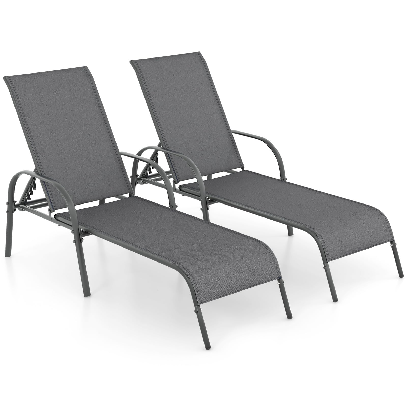COSTWAY Outdoor Lounge Chairs Set of 2, Patio Chaise Lounge Recliner with Heavy Duty Steel Frame, 5-Position Adjustable Backrest for Deck, Beach, Pool (2, Black)