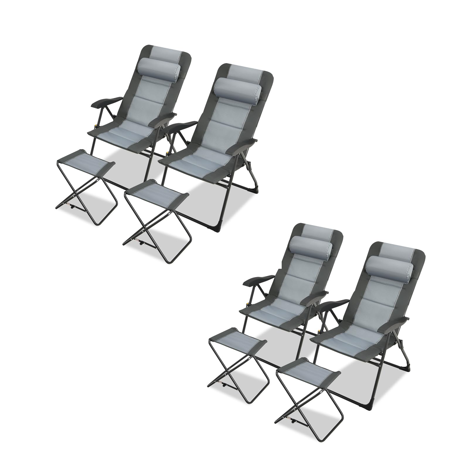 GYMAX Patio Chairs with Ottomans, Outdoor Recliner Set of 2 with 7-Level Backrest, Armrest, Detachable Headrest & Back Pocket, Padded Folding Camping Lounger for Lawn Balcony Backyard (2)