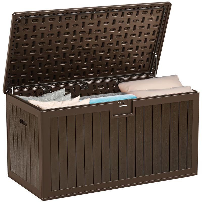 YITAHOME 70 Gallon Deck Bench with Storage, Outdoor Storage Box Bench with Armrests for Patio Garden Pool Porch, Waterproof&Lockable, Light Brown