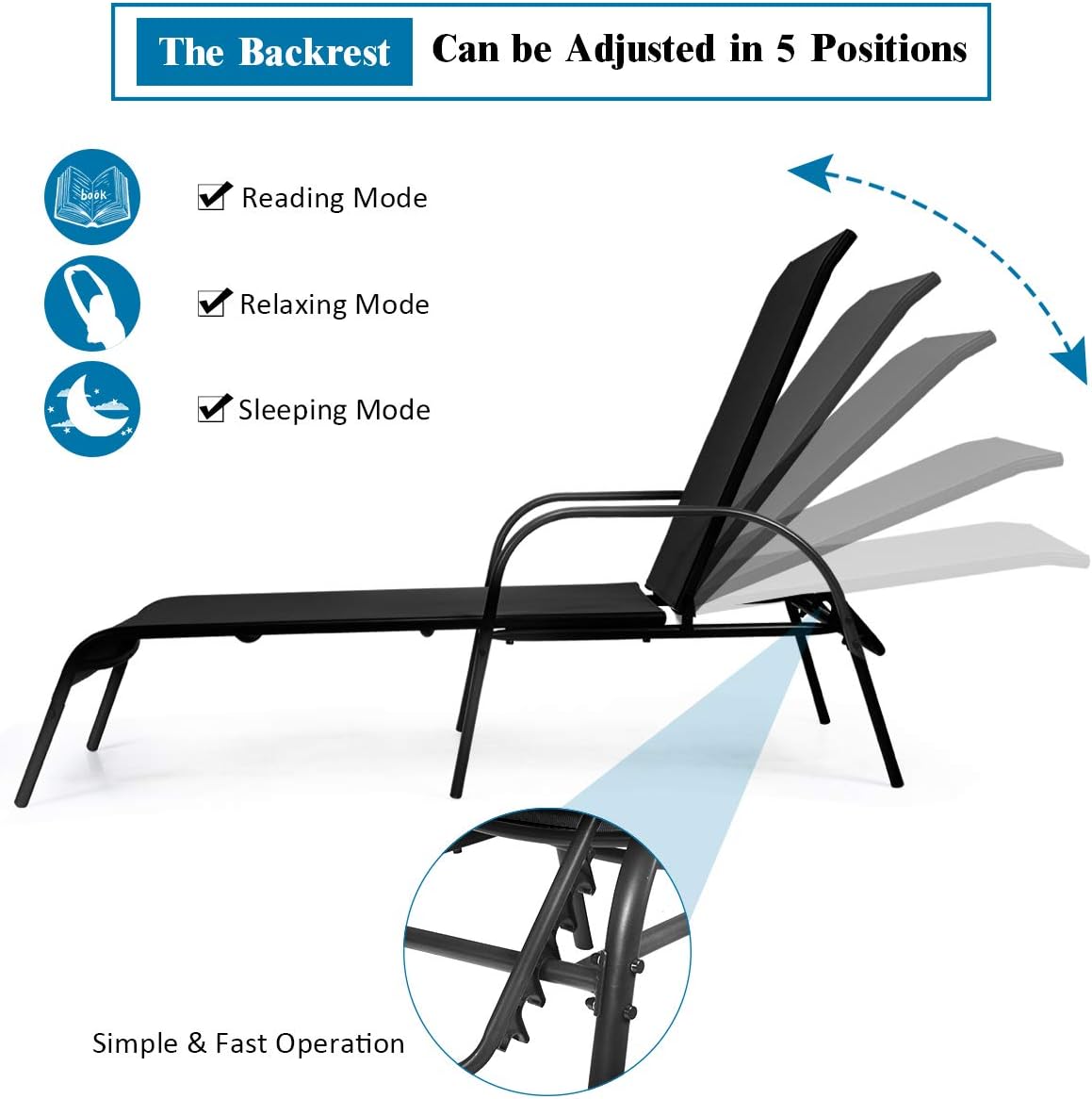 COSTWAY Outdoor Lounge Chairs Set of 2, Patio Chaise Lounge Recliner with Heavy Duty Steel Frame, 5-Position Adjustable Backrest for Deck, Beach, Pool (2, Black)