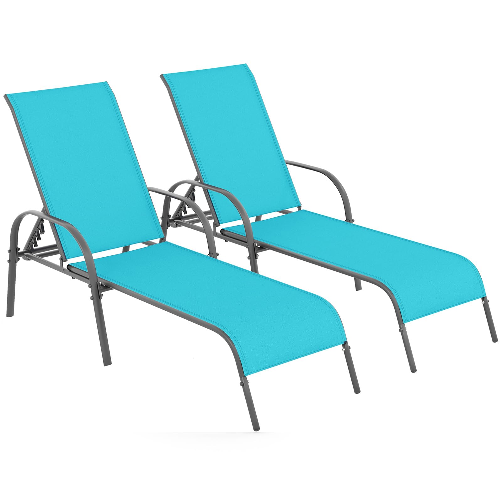 COSTWAY Outdoor Lounge Chairs Set of 2, Patio Chaise Lounge Recliner with Heavy Duty Steel Frame, 5-Position Adjustable Backrest for Deck, Beach, Pool (2, Black)