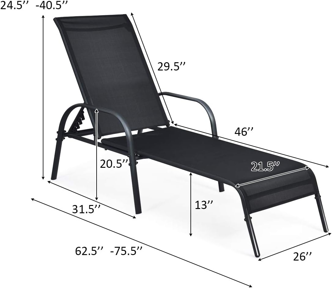 COSTWAY Outdoor Lounge Chairs Set of 2, Patio Chaise Lounge Recliner with Heavy Duty Steel Frame, 5-Position Adjustable Backrest for Deck, Beach, Pool (2, Black)