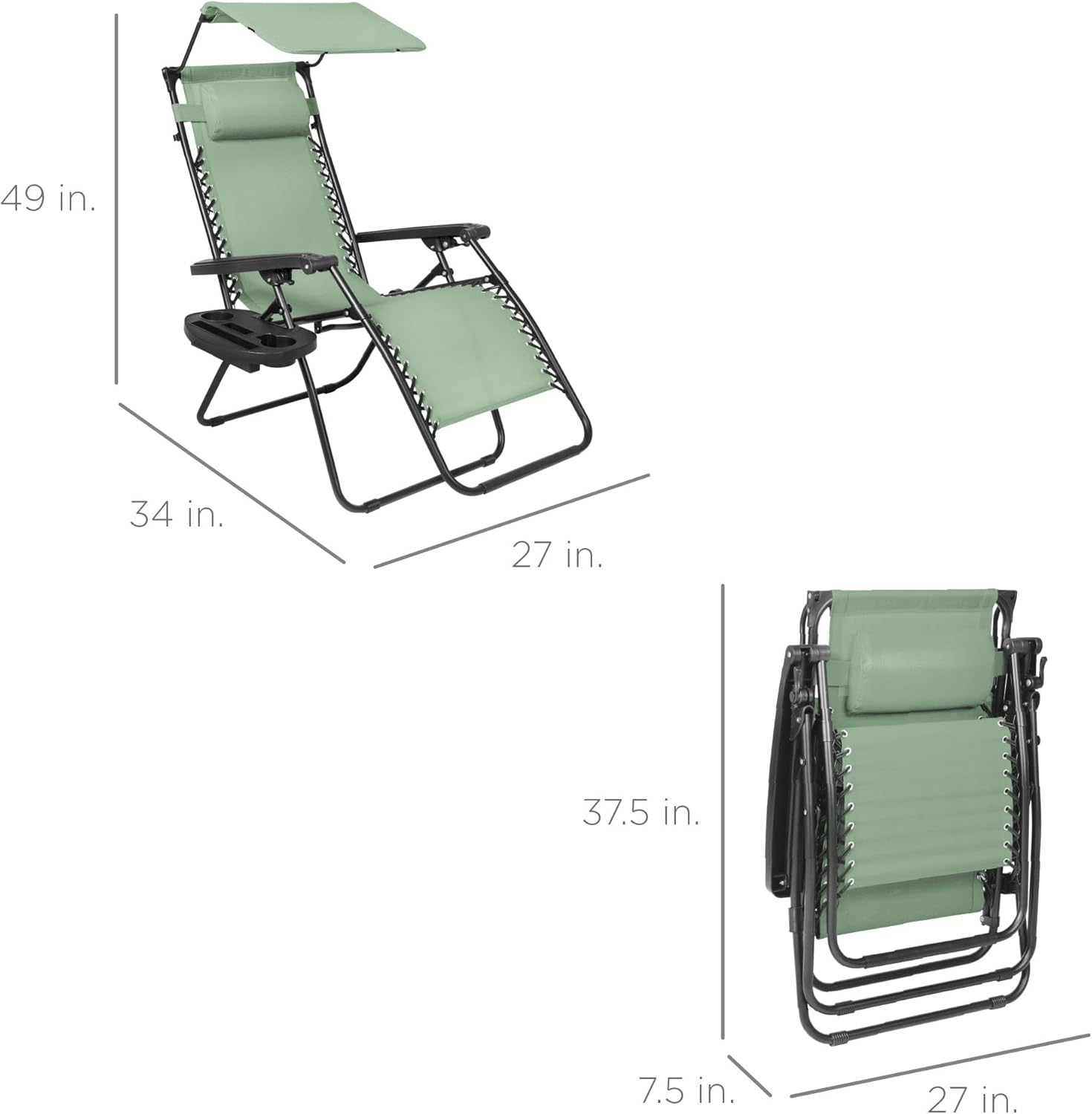 Best Choice Products Folding Zero Gravity Outdoor Recliner Patio Lounge Chair w/Adjustable Canopy Shade, Headrest, Side Accessory Tray, Textilene Mesh - Sage Green