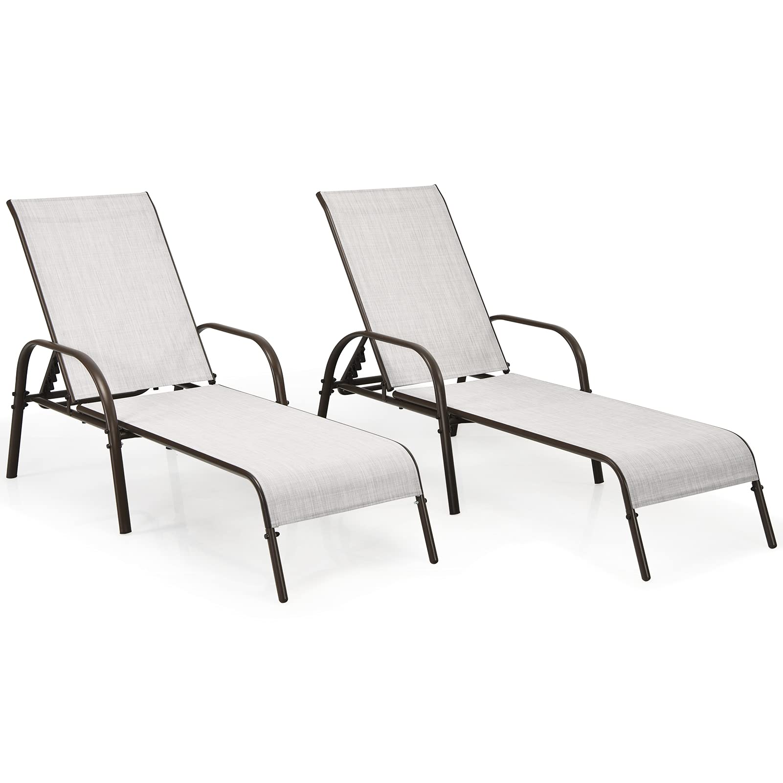 COSTWAY Outdoor Lounge Chairs Set of 2, Patio Chaise Lounge Recliner with Heavy Duty Steel Frame, 5-Position Adjustable Backrest for Deck, Beach, Pool (2, Black)