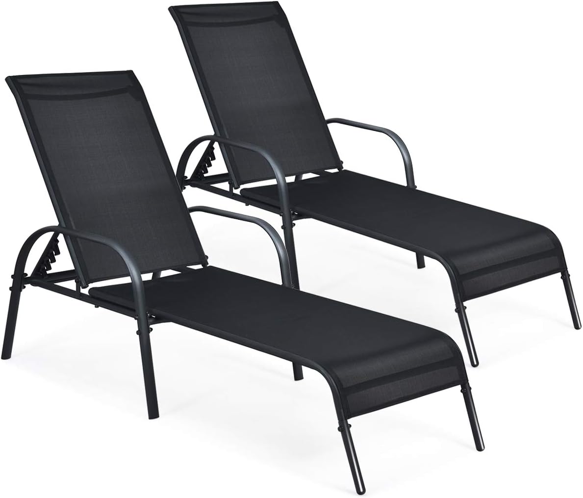 COSTWAY Outdoor Lounge Chairs Set of 2, Patio Chaise Lounge Recliner with Heavy Duty Steel Frame, 5-Position Adjustable Backrest for Deck, Beach, Pool (2, Black)