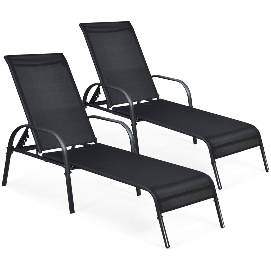 COSTWAY Outdoor Lounge Chairs Set of 2, Patio Chaise Lounge Recliner with Heavy Duty Steel Frame, 5-Position Adjustable Backrest for Deck, Beach, Pool (2, Black)