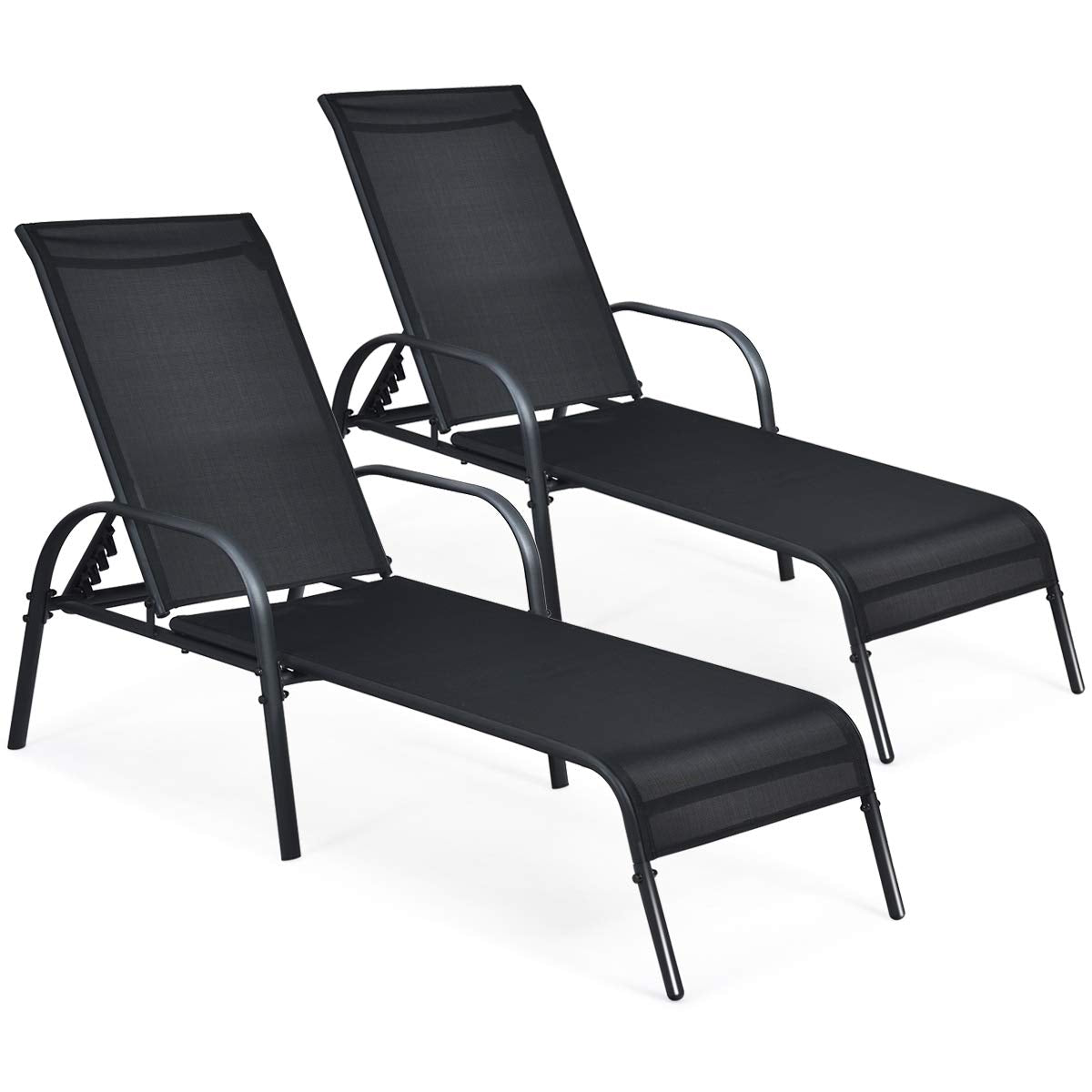 COSTWAY Outdoor Lounge Chairs Set of 2, Patio Chaise Lounge Recliner with Heavy Duty Steel Frame, 5-Position Adjustable Backrest for Deck, Beach, Pool (2, Black)