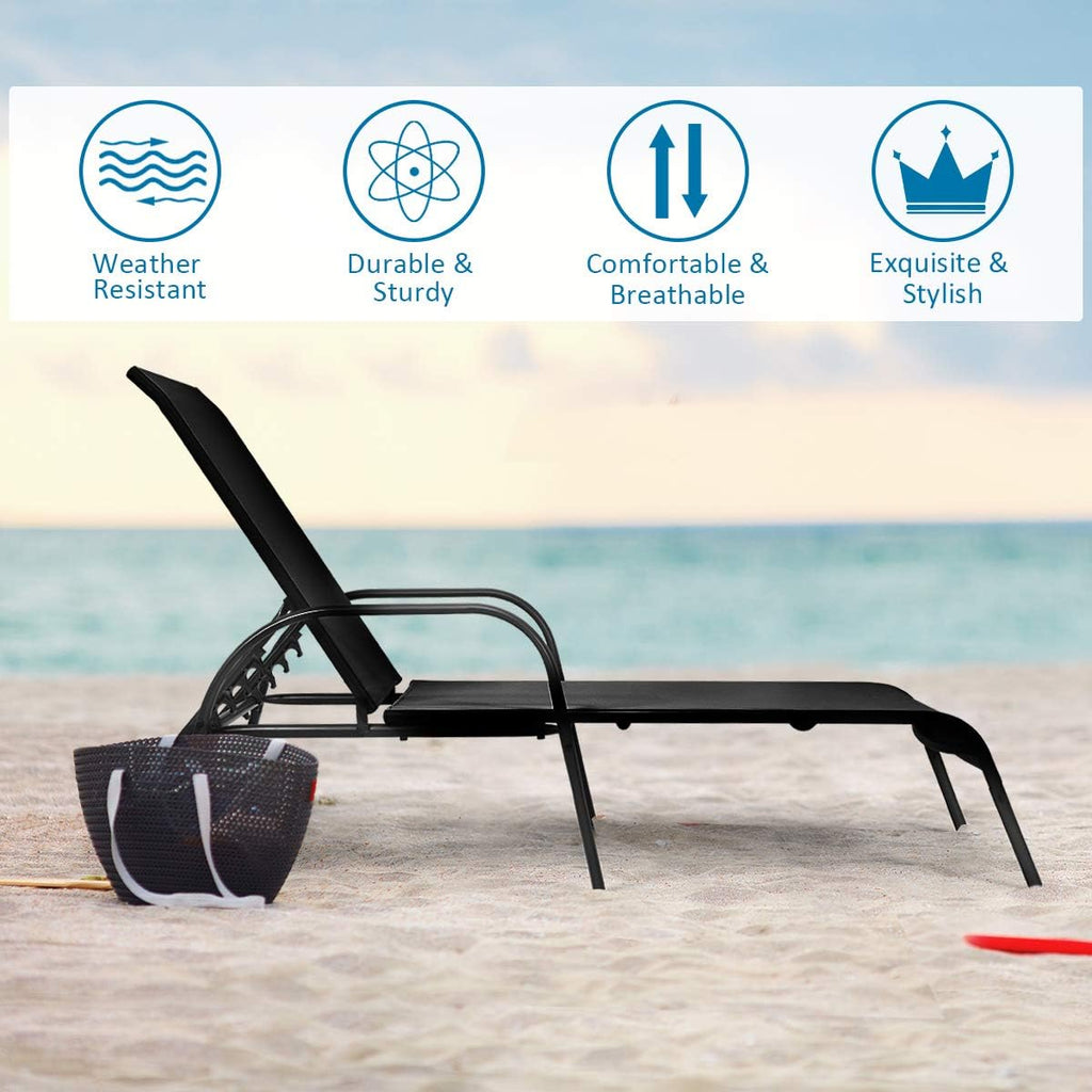 COSTWAY Outdoor Lounge Chairs Set of 2, Patio Chaise Lounge Recliner with Heavy Duty Steel Frame, 5-Position Adjustable Backrest for Deck, Beach, Pool (2, Black)