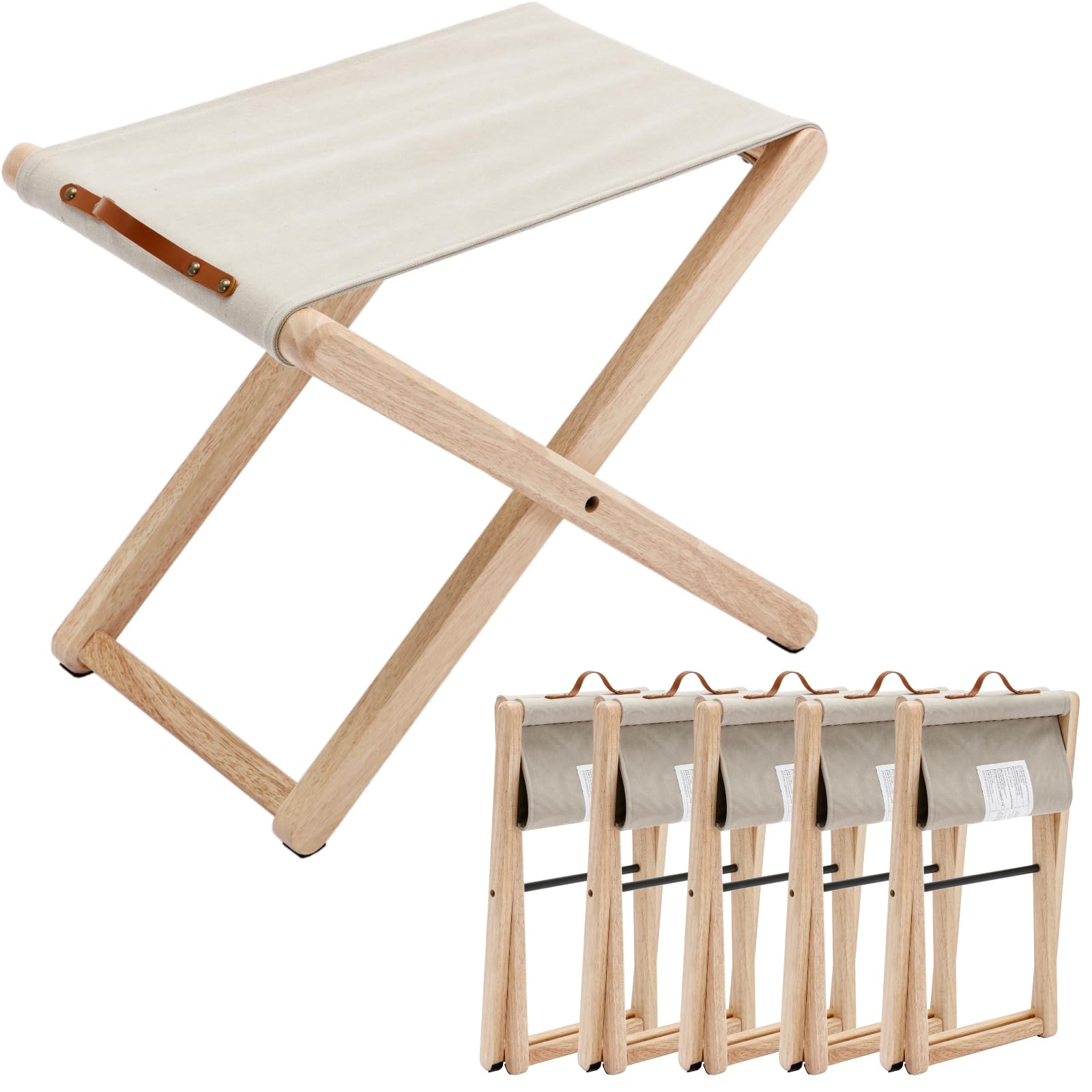Folding Canvas Camp Stools Set of 2, Wood Folding Camping Stool Patio Portable Foot Stool for Garden Outdoor Fishing Picnic Travel BBQ, Grey