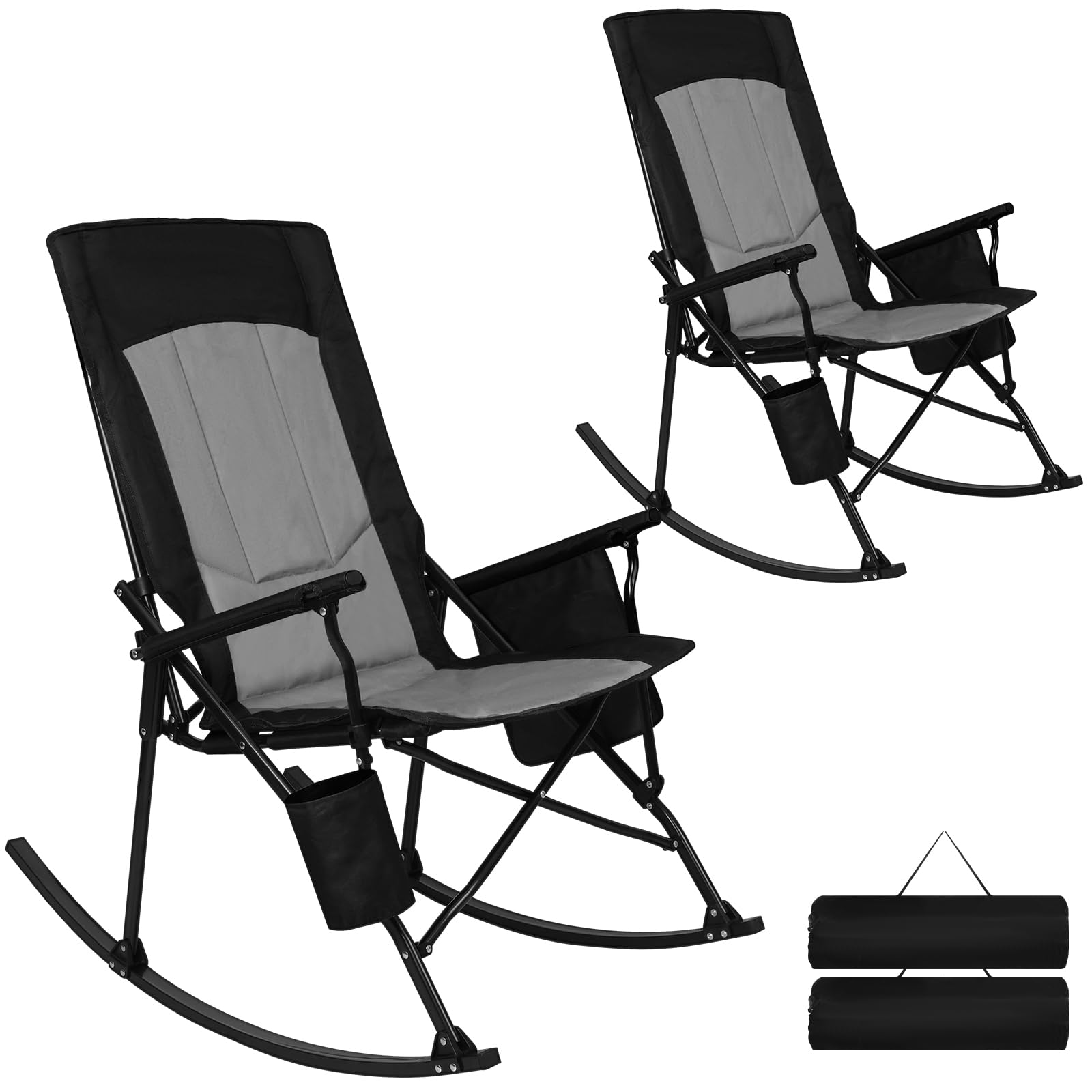 Romswi 2PCS Folding Rocking Camping Chair for Adults, Heavy Duty XL Padded Rocker with High Back, Portable Outdoor Rocking Chair for Patio, Lawn, Garden, Beach Up tp 400 lbs, Blue