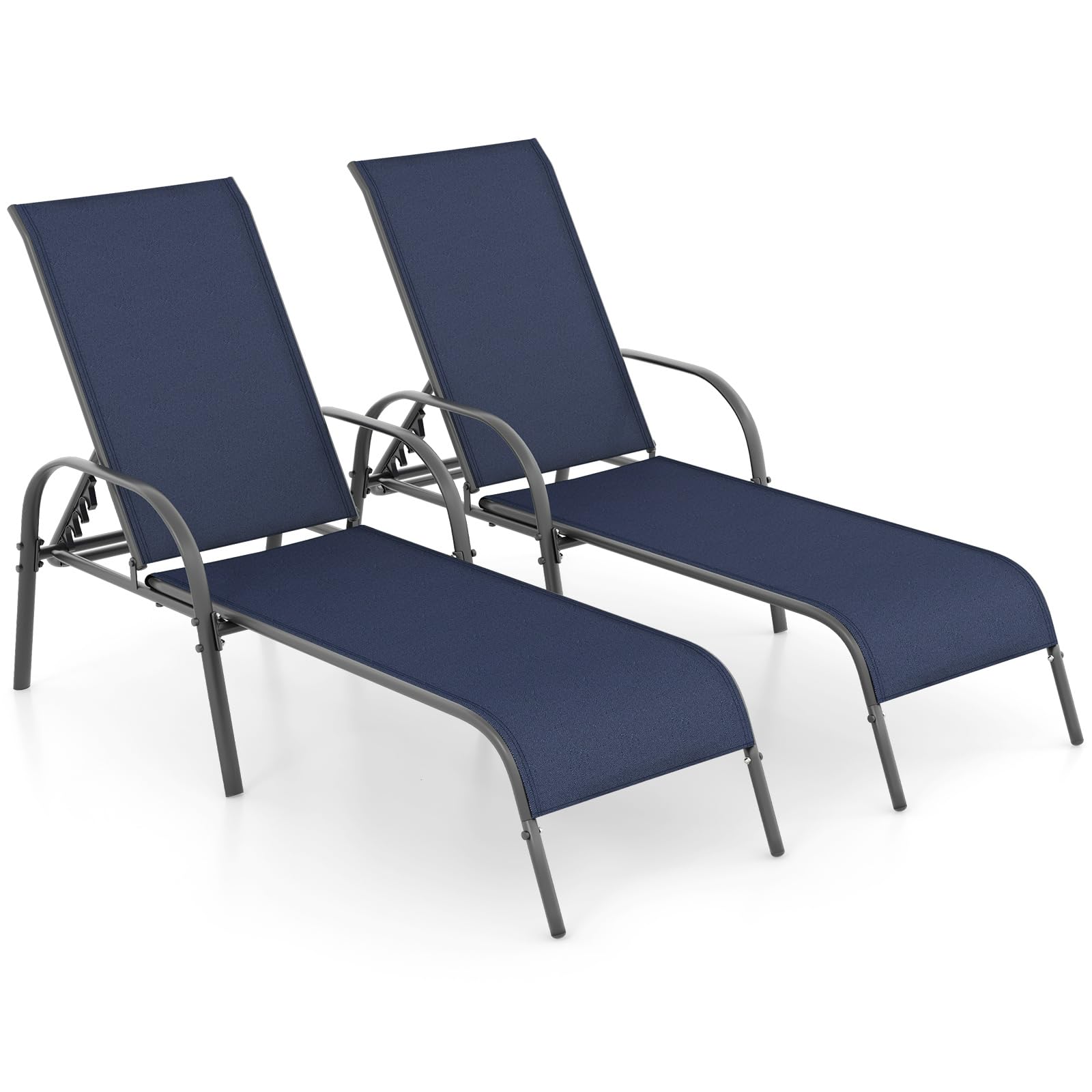 COSTWAY Outdoor Lounge Chairs Set of 2, Patio Chaise Lounge Recliner with Heavy Duty Steel Frame, 5-Position Adjustable Backrest for Deck, Beach, Pool (2, Black)