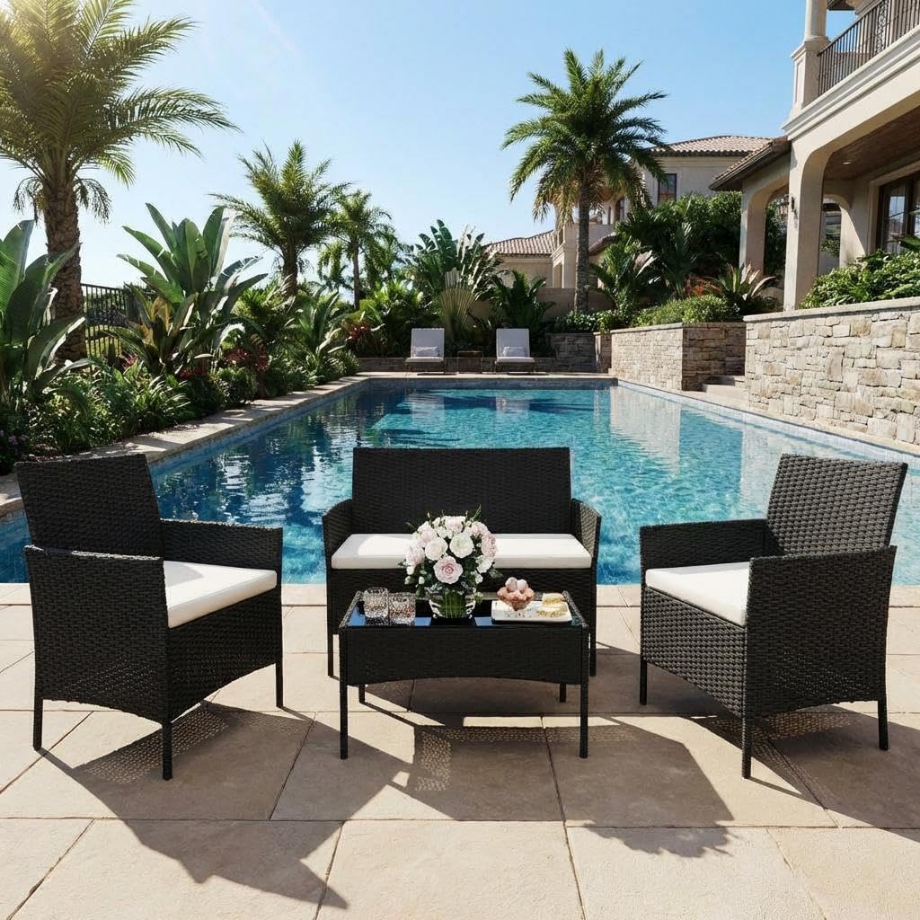 Outdoor Storage Bench with Cushion, Hand-Woven Yellow Wicker Deck Box with Backrest, Large Capacity Patio Storage Seat, Waterproof All-Weather Rattan Bench for Garden, Porch, Poolside