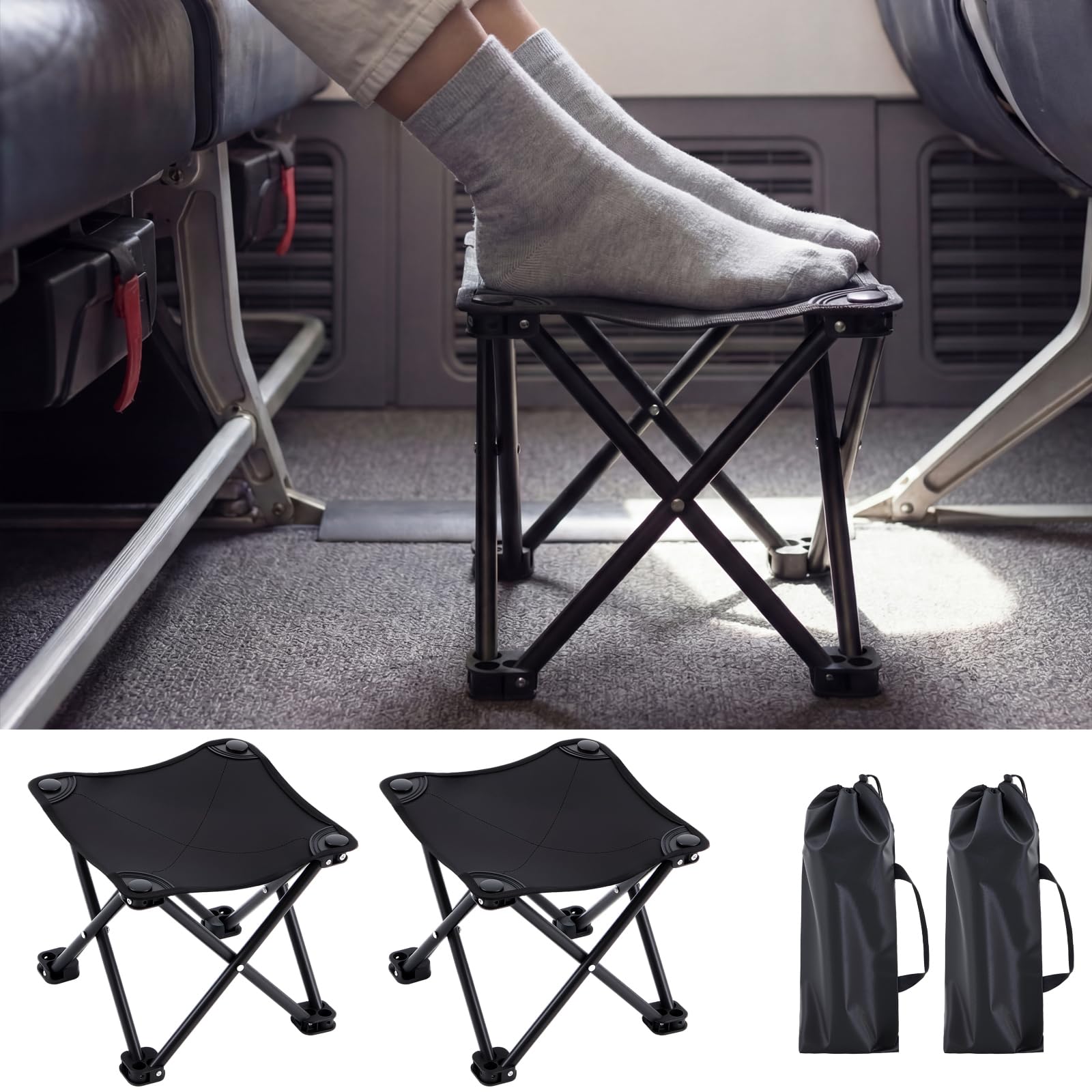 Ripeng 4 Pcs Portable Airplane Travel Foot Rest, Folding Camping Stool, Under Desk Foot Rest at Work for Long Flight, Home and Office Outdoor Hiking Fishing with Carry Bag (Black)
