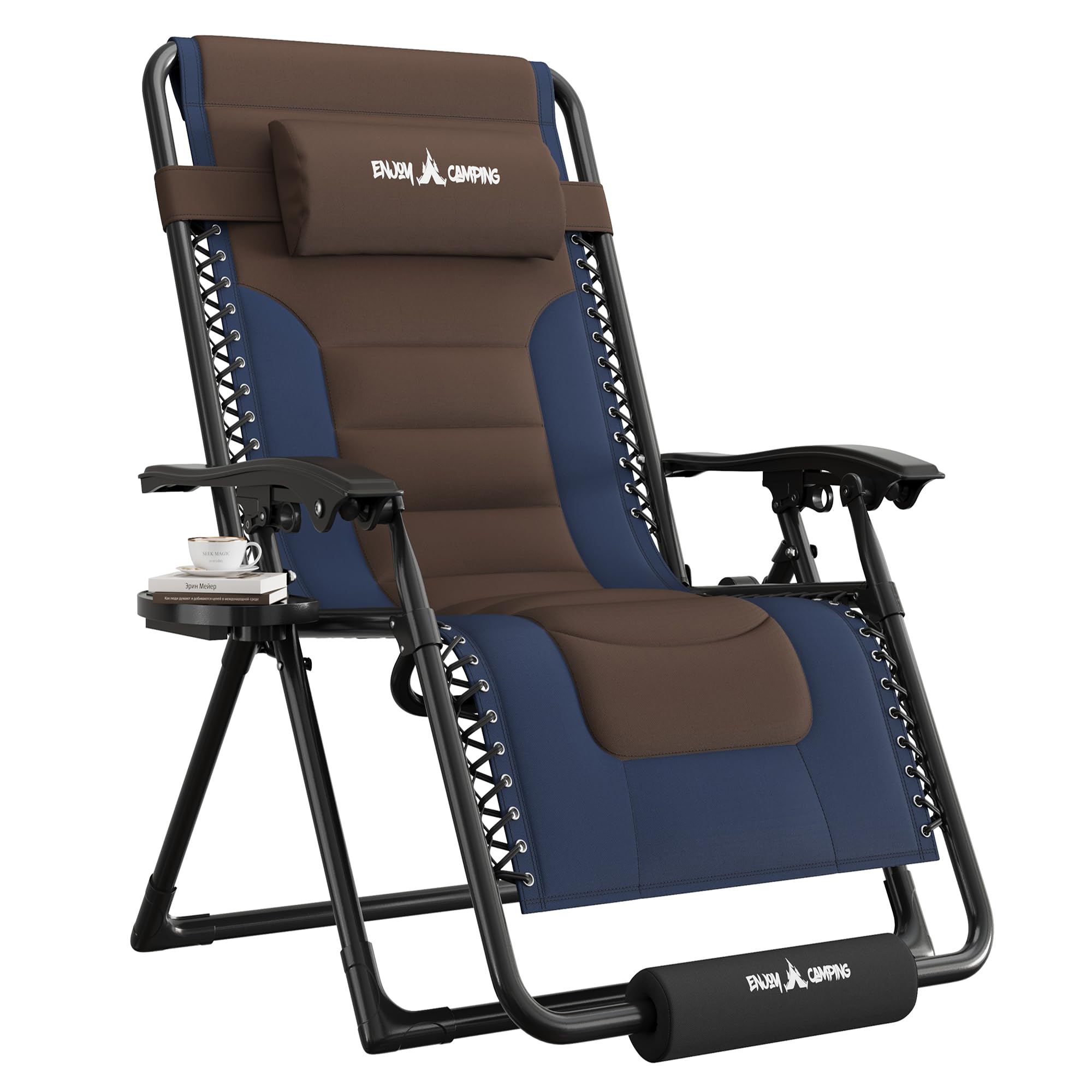 UDPATIO Zero Gravity Chair Oversized Outdoor Anti Gravity Chairs Patio Lounge Folding Adjustable Chair with Cup Holder, Foot Pad & Padded Headrest (2, Blue/Brown, 33in)