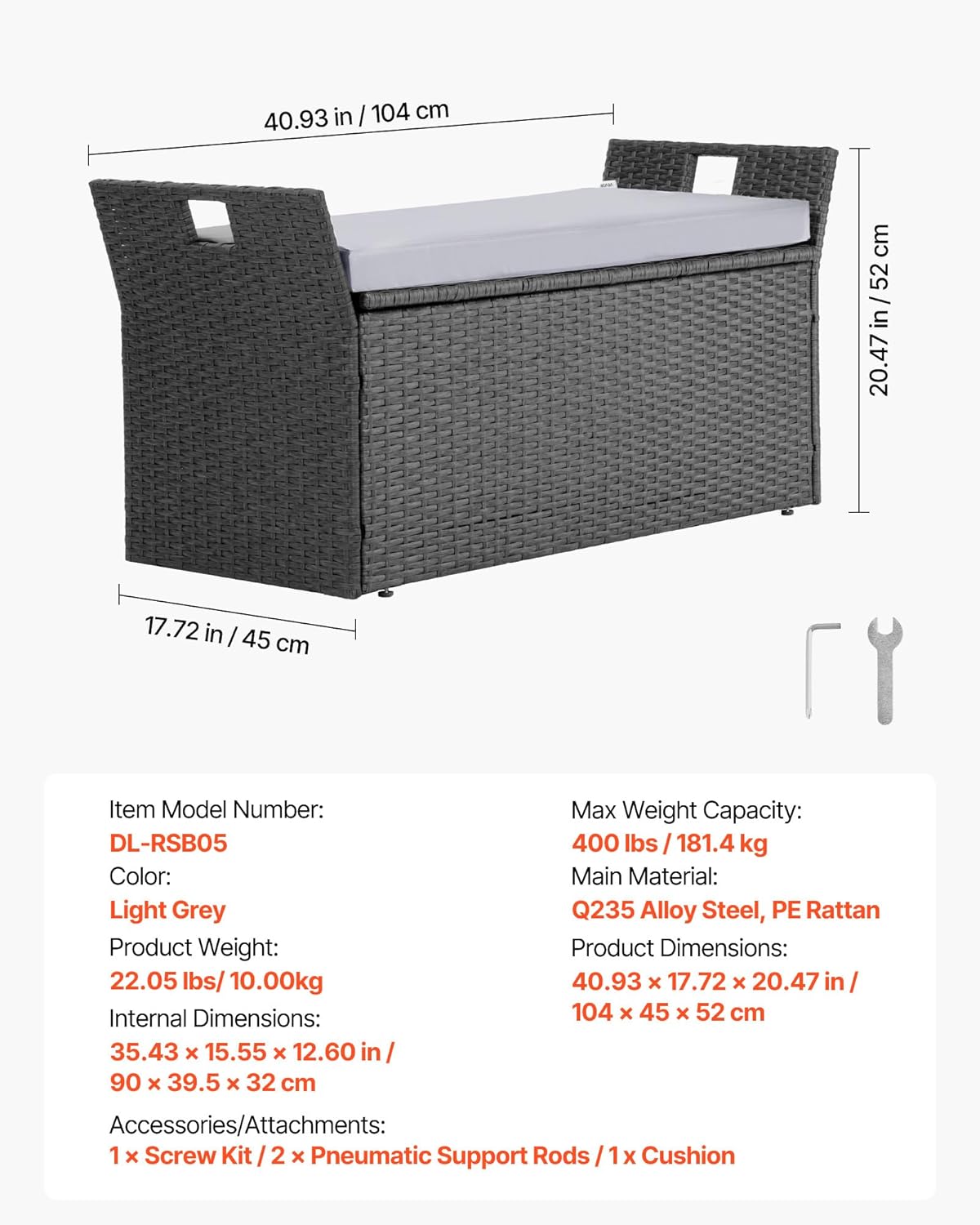 VEVOR Outdoor Storage Bench, 2-Person PE Rattan Storage Bench, 40 Gal Deck Box with Cushion & Side Handle, Supports up to 400 lbs, Outdoor Seating & Porch Decor for Patio Garden Balcony
