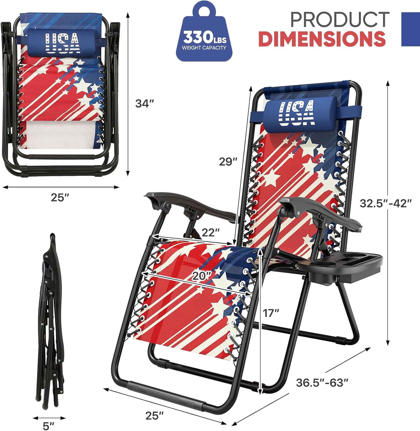 Magshion Zero Gravity Lounge Chair, Adjustable Folding Recliner with Side Tray & Cup Holder, Removable Headrest Pillow, Portable Outdoor Lounger for Camping, Beach, Patio & Backyard, Red White Blue