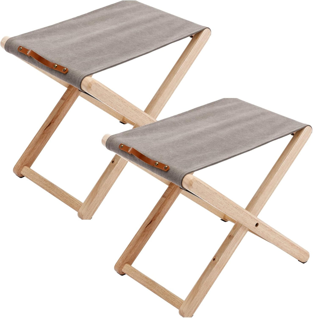 Folding Canvas Camp Stools Set of 2, Wood Folding Camping Stool Patio Portable Foot Stool for Garden Outdoor Fishing Picnic Travel BBQ, Grey