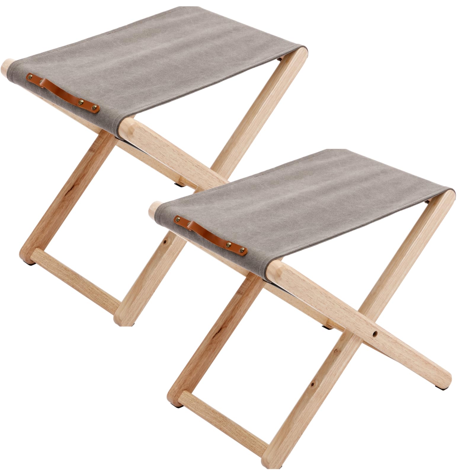 Folding Canvas Camp Stools Set of 2, Wood Folding Camping Stool Patio Portable Foot Stool for Garden Outdoor Fishing Picnic Travel BBQ, Grey