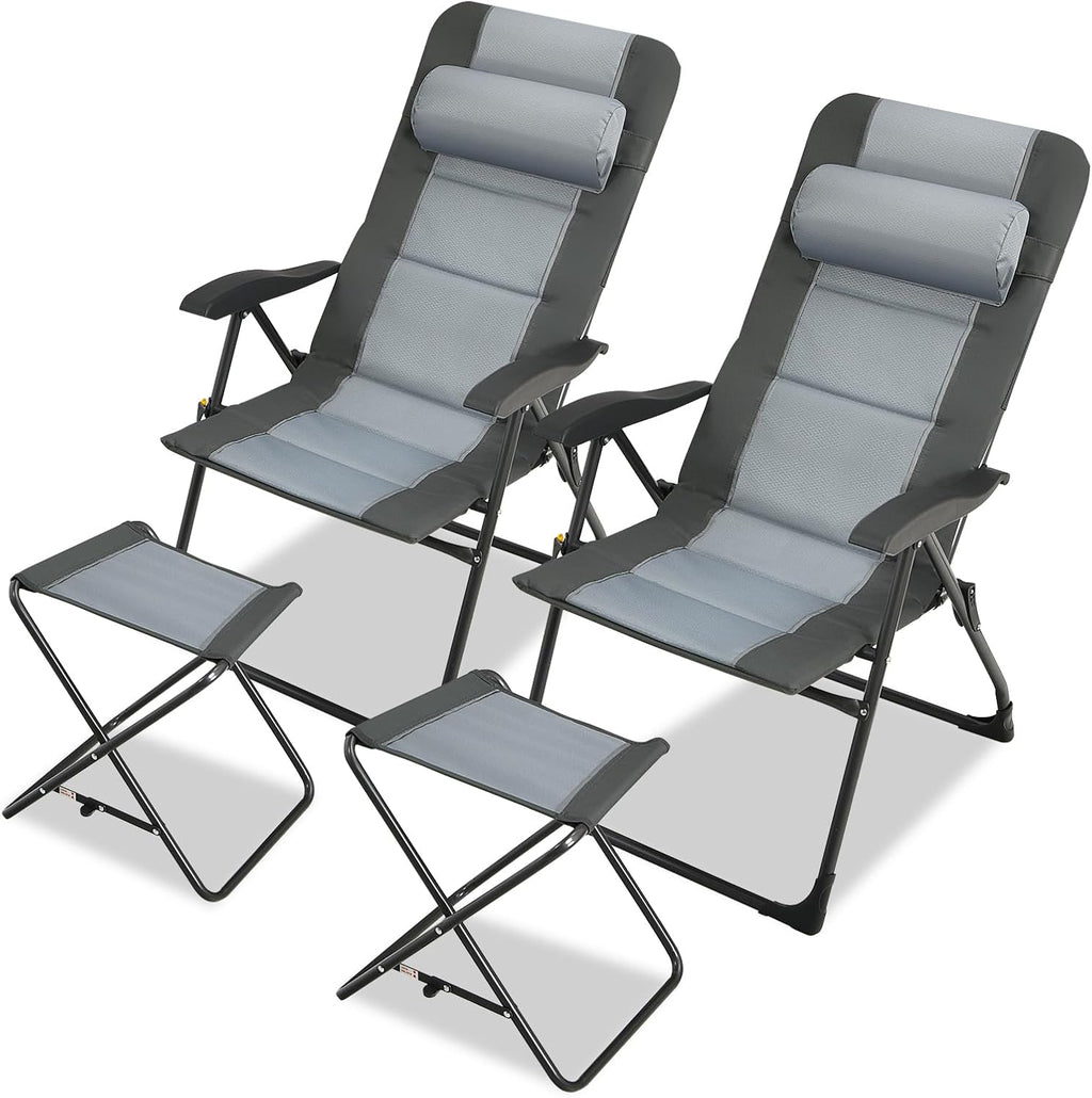 GYMAX Patio Chairs with Ottomans, Outdoor Recliner Set of 2 with 7-Level Backrest, Armrest, Detachable Headrest & Back Pocket, Padded Folding Camping Lounger for Lawn Balcony Backyard (2)