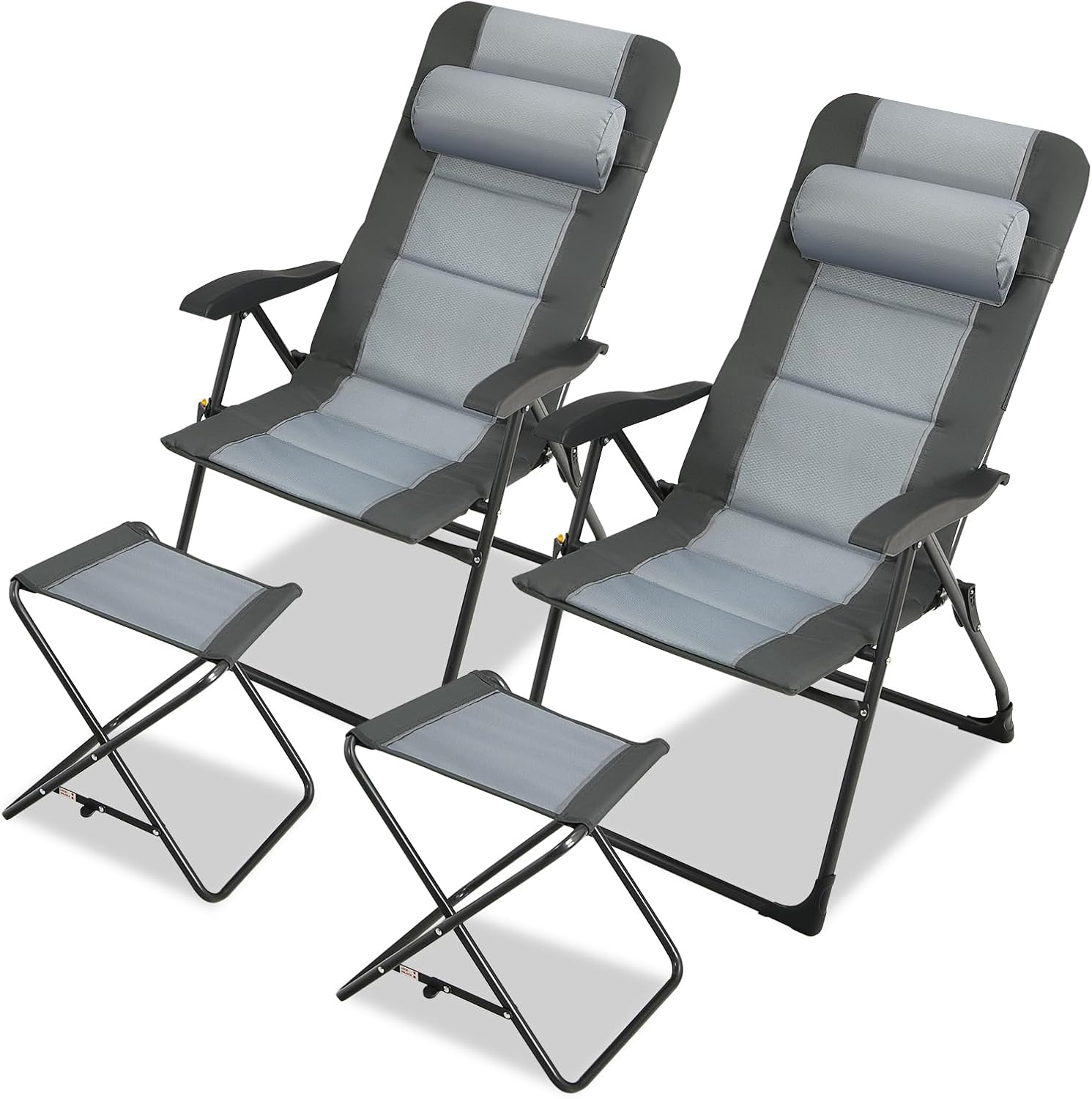 GYMAX Patio Chairs with Ottomans, Outdoor Recliner Set of 2 with 7-Level Backrest, Armrest, Detachable Headrest & Back Pocket, Padded Folding Camping Lounger for Lawn Balcony Backyard (2)