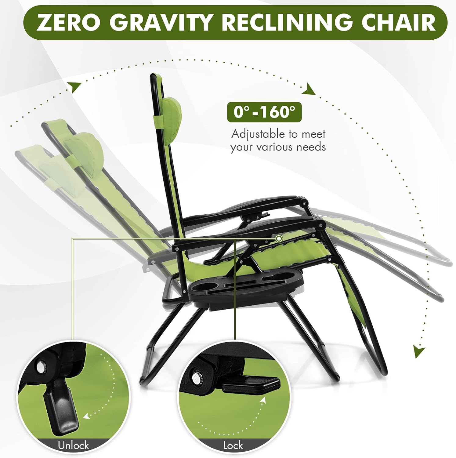 Giantex Zero Gravity Reclining Chair, Outdoor Patio Recliner with Cup Holder & Removable Pillow, Adjustable Backrest, Indoor Lounge Chair for Backyard, Garden, Poolside (Green)