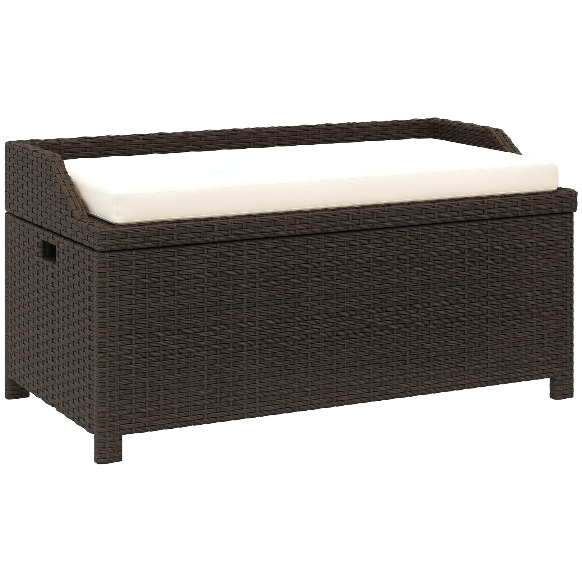 Outsunny 38 Gallon Outdoor Wicker Storage Bench Deck Box, PE Rattan Patio Furniture Pool Storage Bin Container with Interior Waterproof Cloth Bag and Comfortable Cushion, White