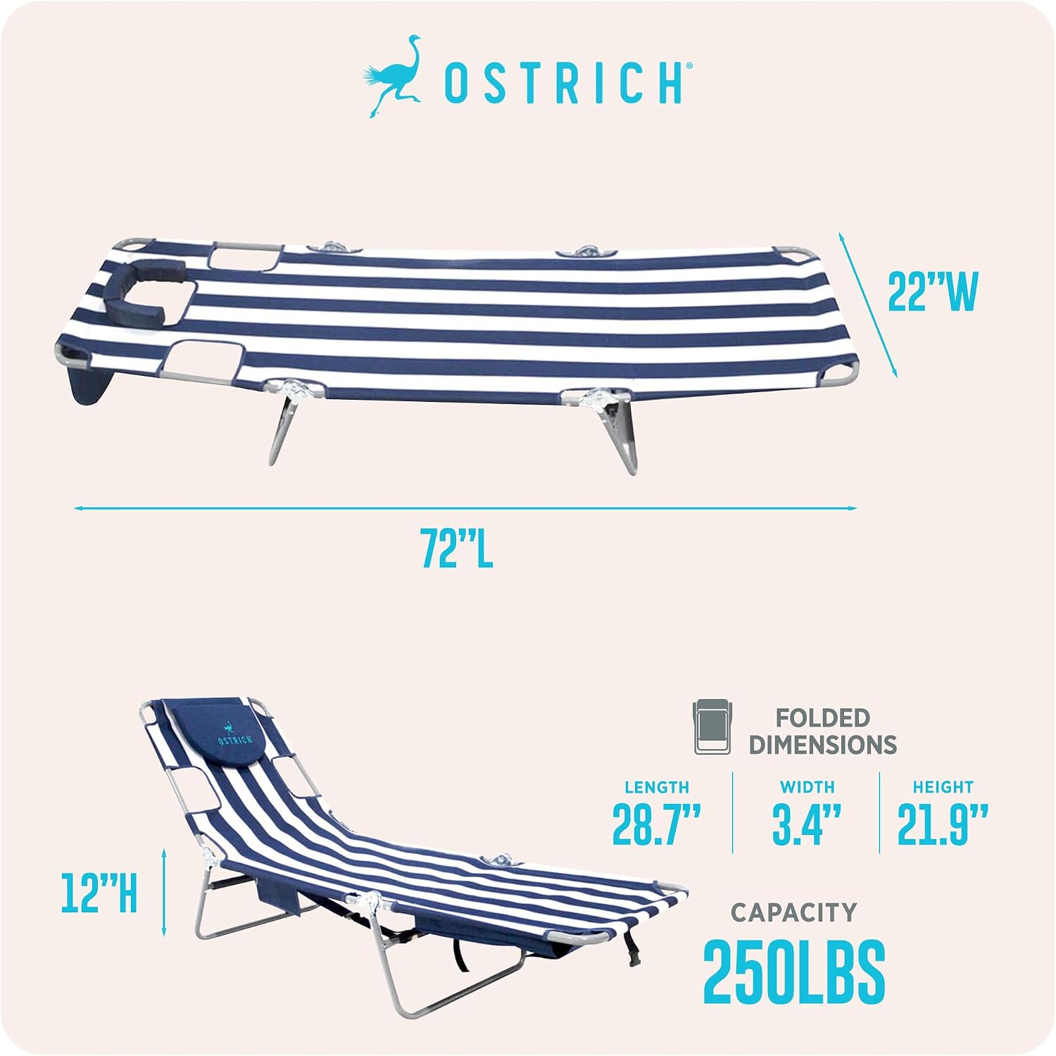 Ostrich the Backpack Chaise Lounge, Folding & Reclining Outdoor Beach Chaise Lounger Chair for Lawn, Pool, Patio, Garden, and Yard, Blue Stripe