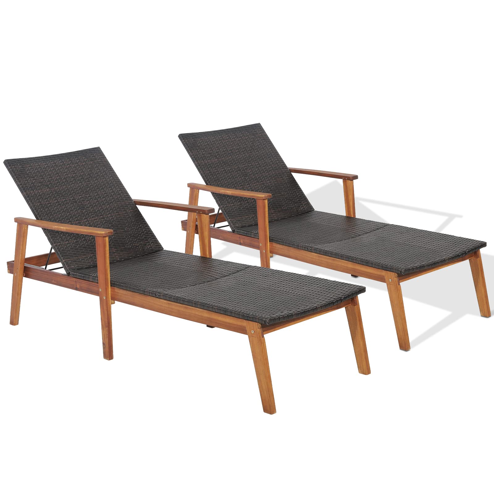 HAPPYGRILL Patio Chaise Lounge Chair, Outdoor Rattan Recliner with 4-Level Adjustable Backrest, Solid Acacia Wood Frame, Ergonomic Lounge Chair for Backyard Poolside Balcony