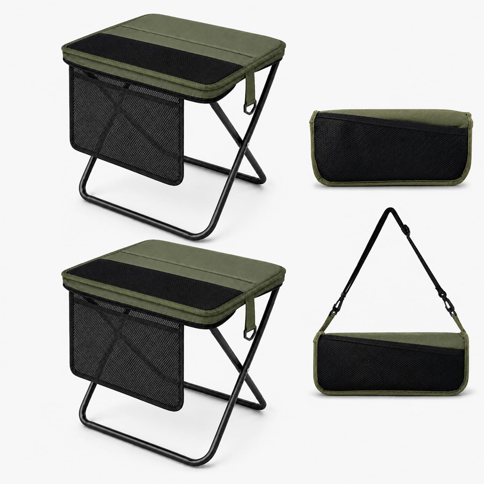Portable Folding Stool for Adults, 2 Pack Foldable Backpack Stools with Shoulder Strap, 1.77 lb Lightweight Camping Stools, Compact Travel Seats for Fishing, Hiking, Gardening, Festivals, Khaki
