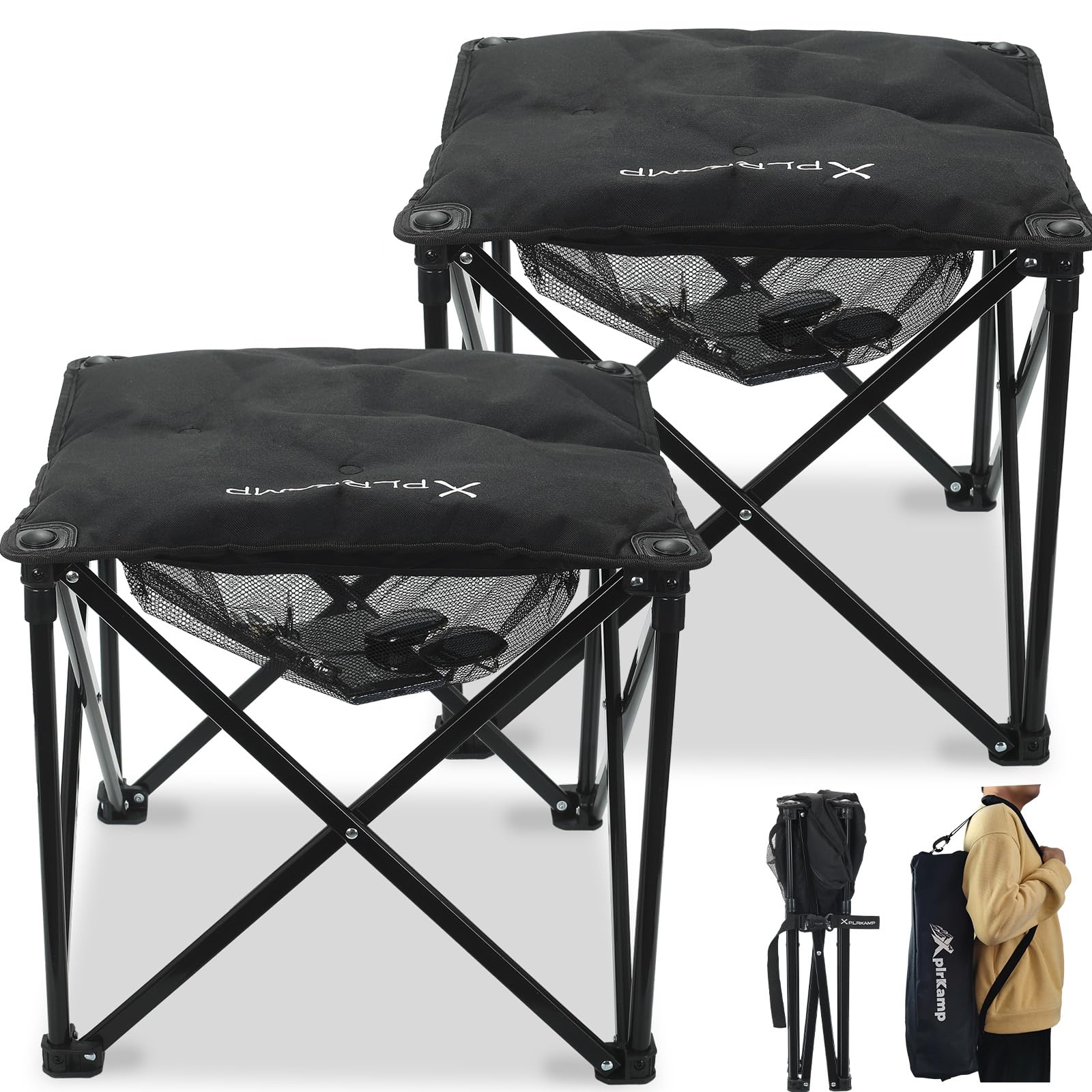 Upgraded Padded Camp Foot Rest, 18.1 Inch Oversized Camping Stool for Lawn Gardening Fishing, 500lbs Heavy Duty Camping Chairs Portable Outdoor Folding Footstool (1, Jet Black-Extra Thick)