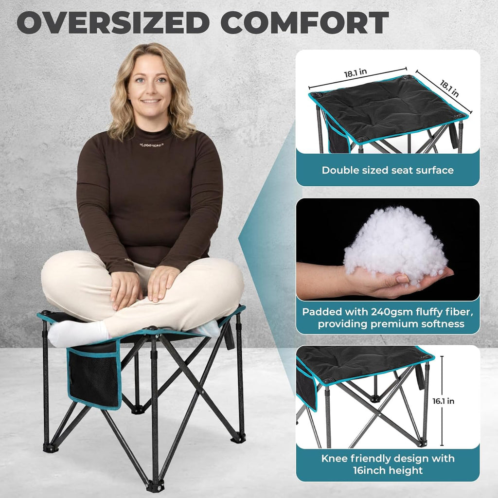 FUNDANGO Oversized Camping Stool for Adults, Thick Padded 18.1 Inch Folding Ottoman Foot Rest, 440 Lbs Heavy Duty Outdoor Camp Chairs with Anti-Slip Foots & Carry Bag for Fishing Lawn Travel (Black)