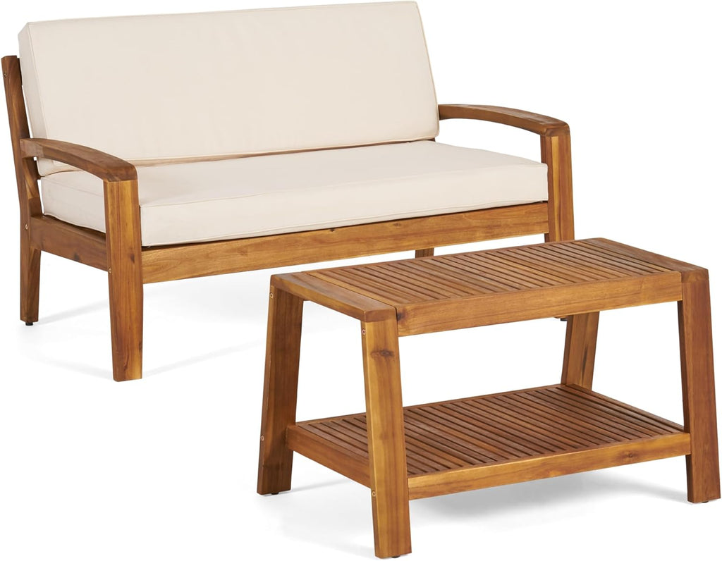 Merax Outdoor Acacia Wood Conversation Set - Patio Loveseat Sofa w/Coushion & Adjastable Feet and Coffee Table with Shelf for Backyard, Lawn, Balcony, Poolside Beige+Teak Finish