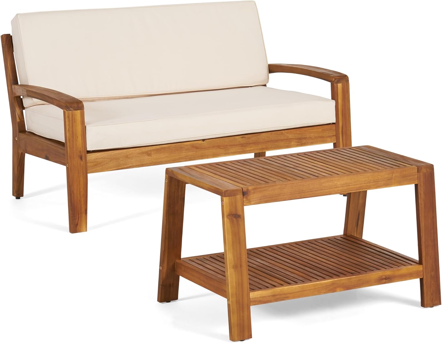 Merax Outdoor Acacia Wood Conversation Set - Patio Loveseat Sofa w/Coushion & Adjastable Feet and Coffee Table with Shelf for Backyard, Lawn, Balcony, Poolside Beige+Teak Finish