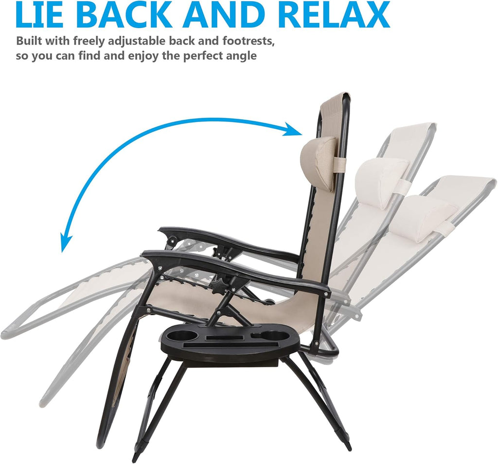 SUPER DEAL Zero Gravity Chair Set of 2 Folding Anti Gravity Recliner Outdoor Patio Beach Lounger Chair with Side Cup Holder Tray and Pillow for Patio, Poolside, Backyard, Deck, Heavy Duty Steel Frame
