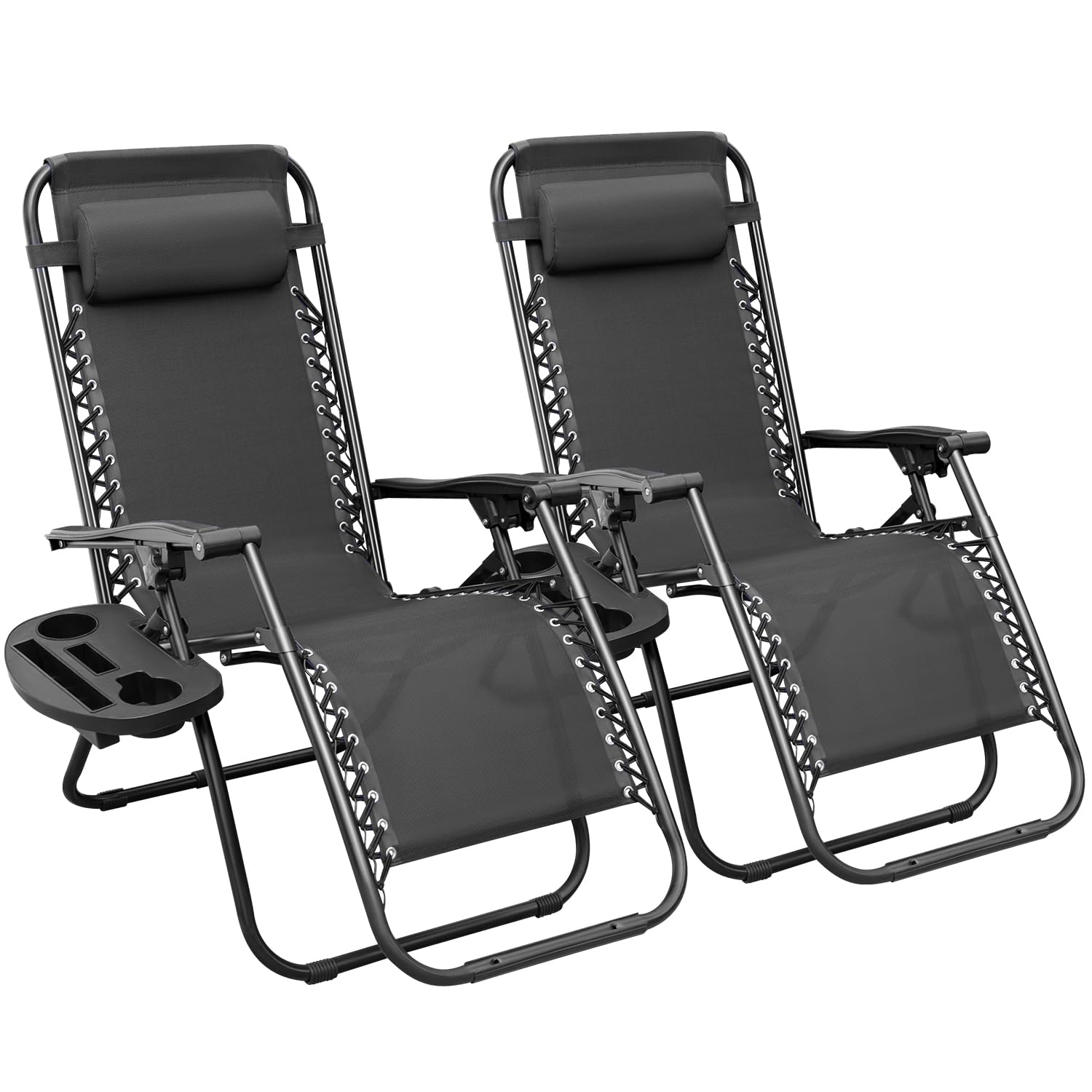 Greesum Zero Gravity Chairs Set of 2 Adjustable Steel Mesh Recliners Beach Deck Lawn Camping Patio Foldable Lounge Chair with Cup Holder Trays and Pillows,Black