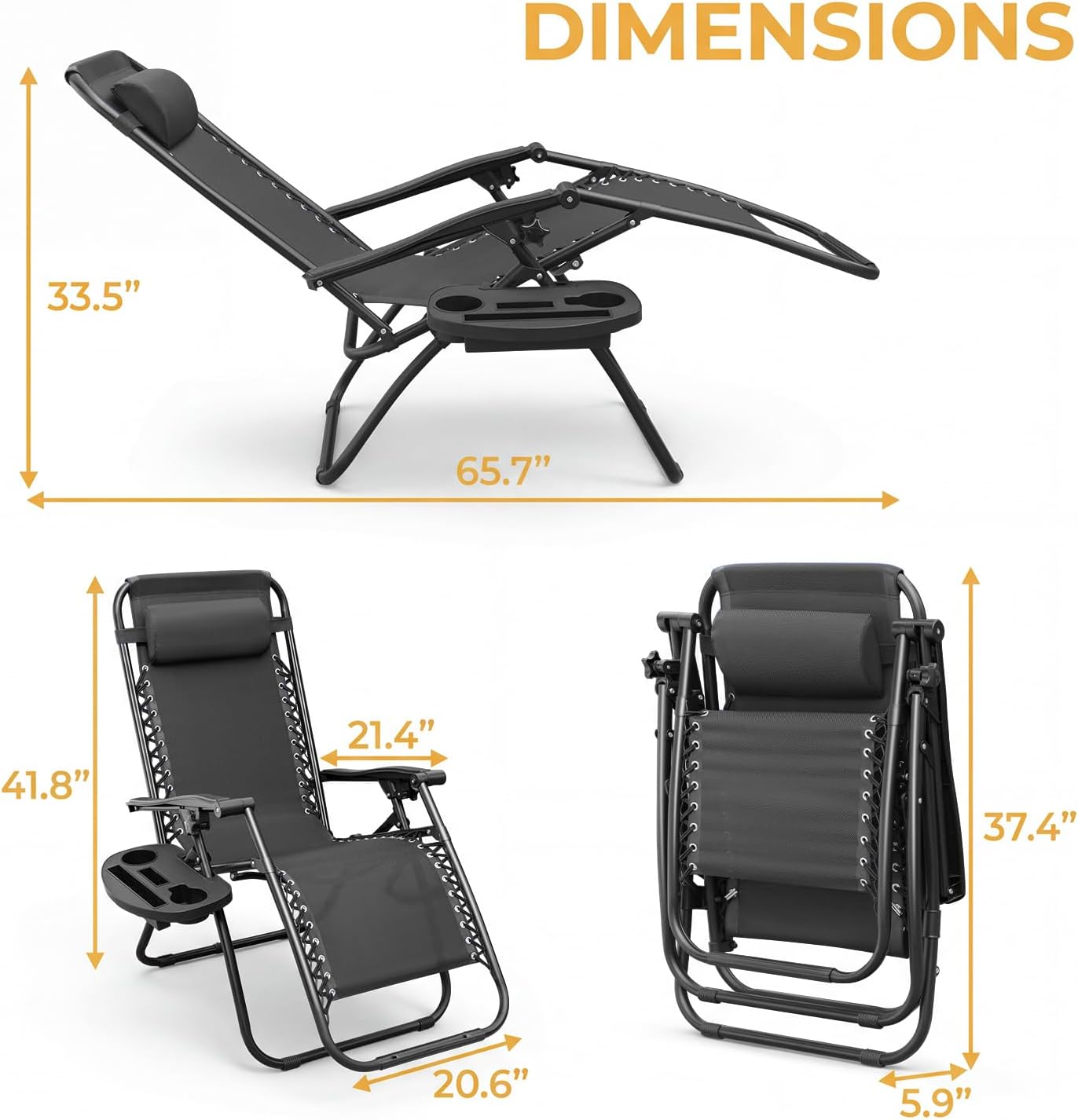 Greesum Zero Gravity Chairs Set of 2 Adjustable Steel Mesh Recliners Beach Deck Lawn Camping Patio Foldable Lounge Chair with Cup Holder Trays and Pillows,Black