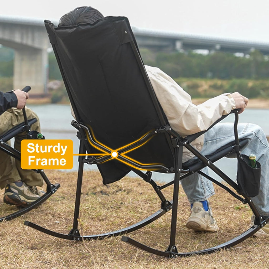 Romswi 2PCS Folding Rocking Camping Chair for Adults, Heavy Duty XL Padded Rocker with High Back, Portable Outdoor Rocking Chair for Patio, Lawn, Garden, Beach Up tp 400 lbs, Blue