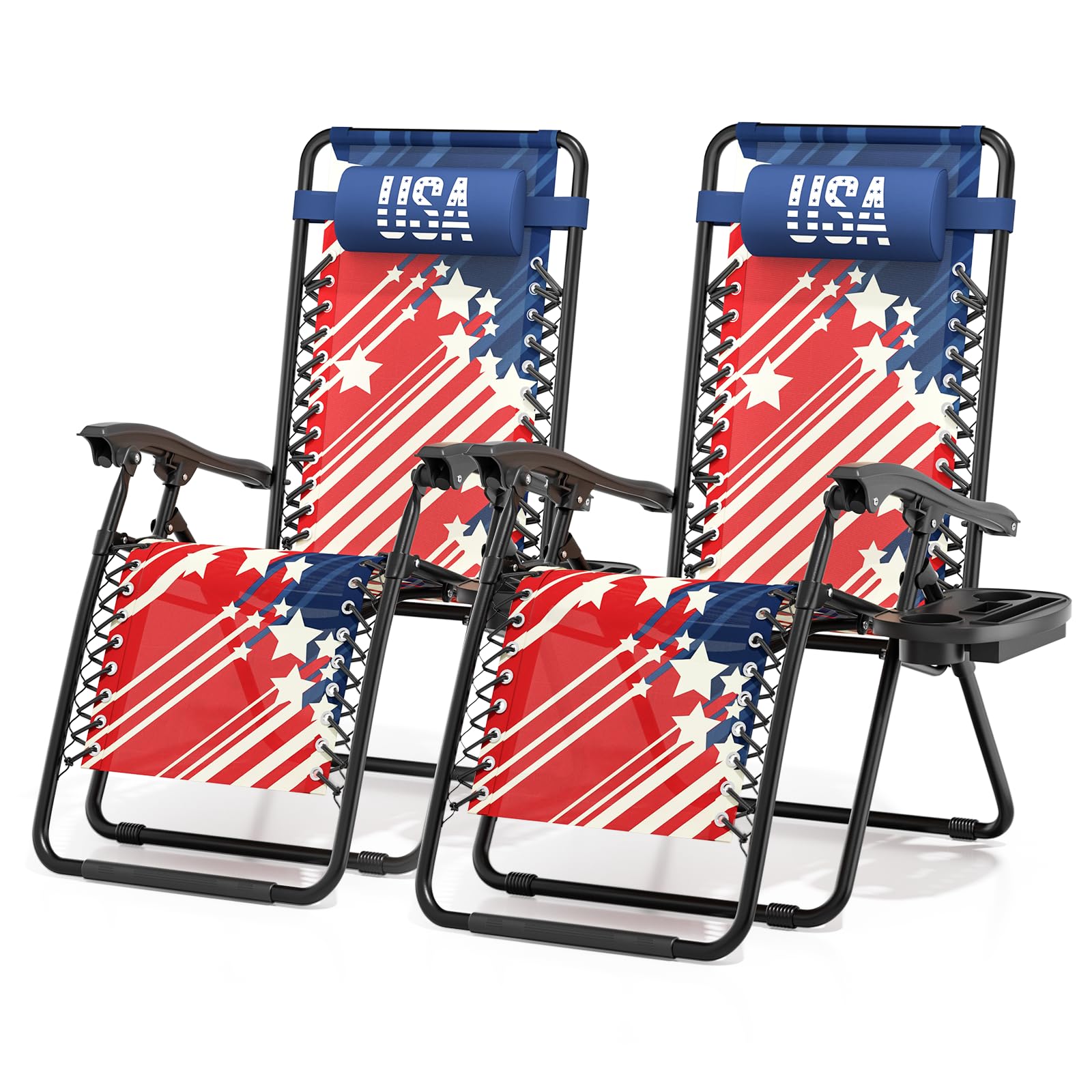 Magshion Zero Gravity Lounge Chair, Adjustable Folding Recliner with Side Tray & Cup Holder, Removable Headrest Pillow, Portable Outdoor Lounger for Camping, Beach, Patio & Backyard, Red White Blue