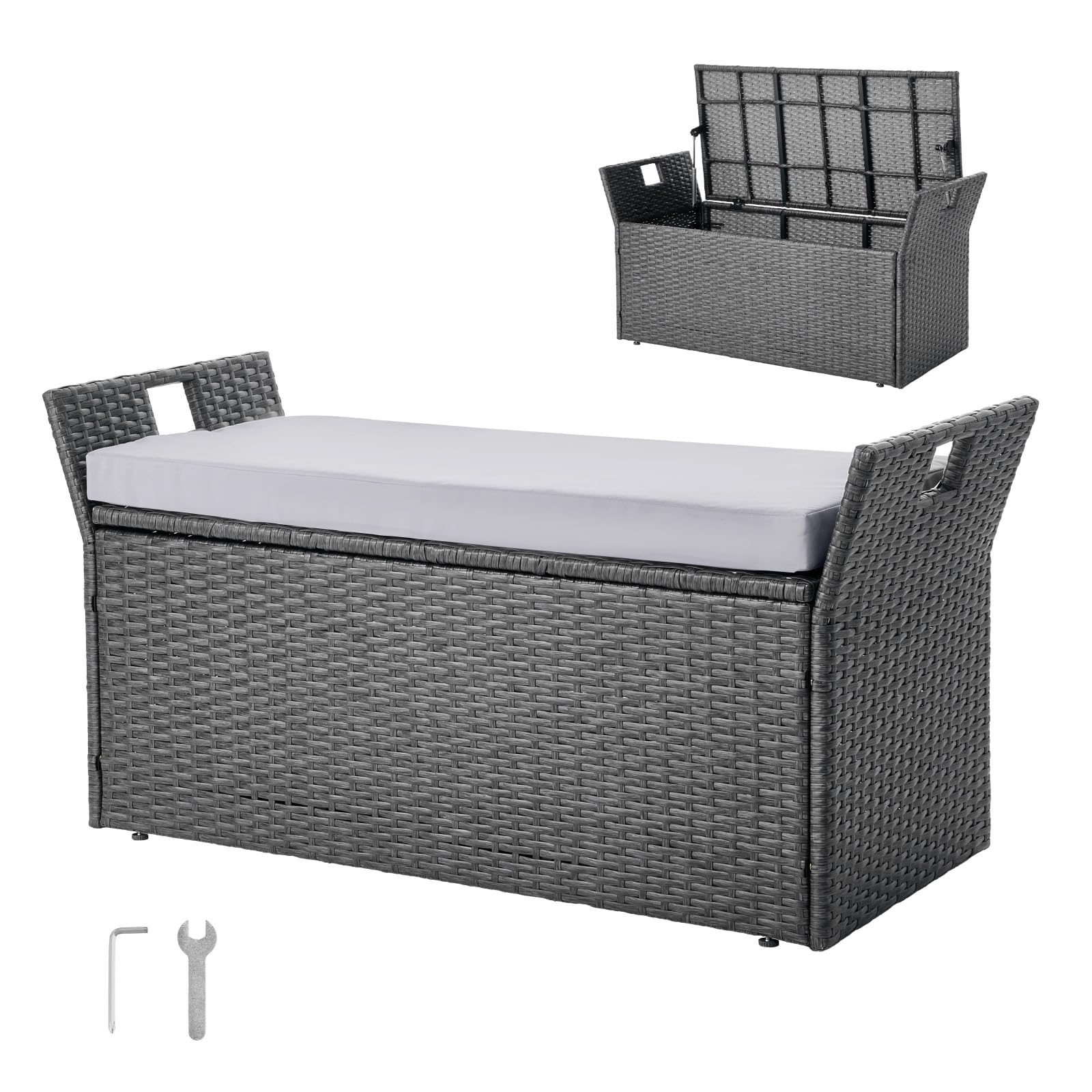 VEVOR Outdoor Storage Bench, 2-Person PE Rattan Storage Bench, 40 Gal Deck Box with Cushion & Side Handle, Supports up to 400 lbs, Outdoor Seating & Porch Decor for Patio Garden Balcony