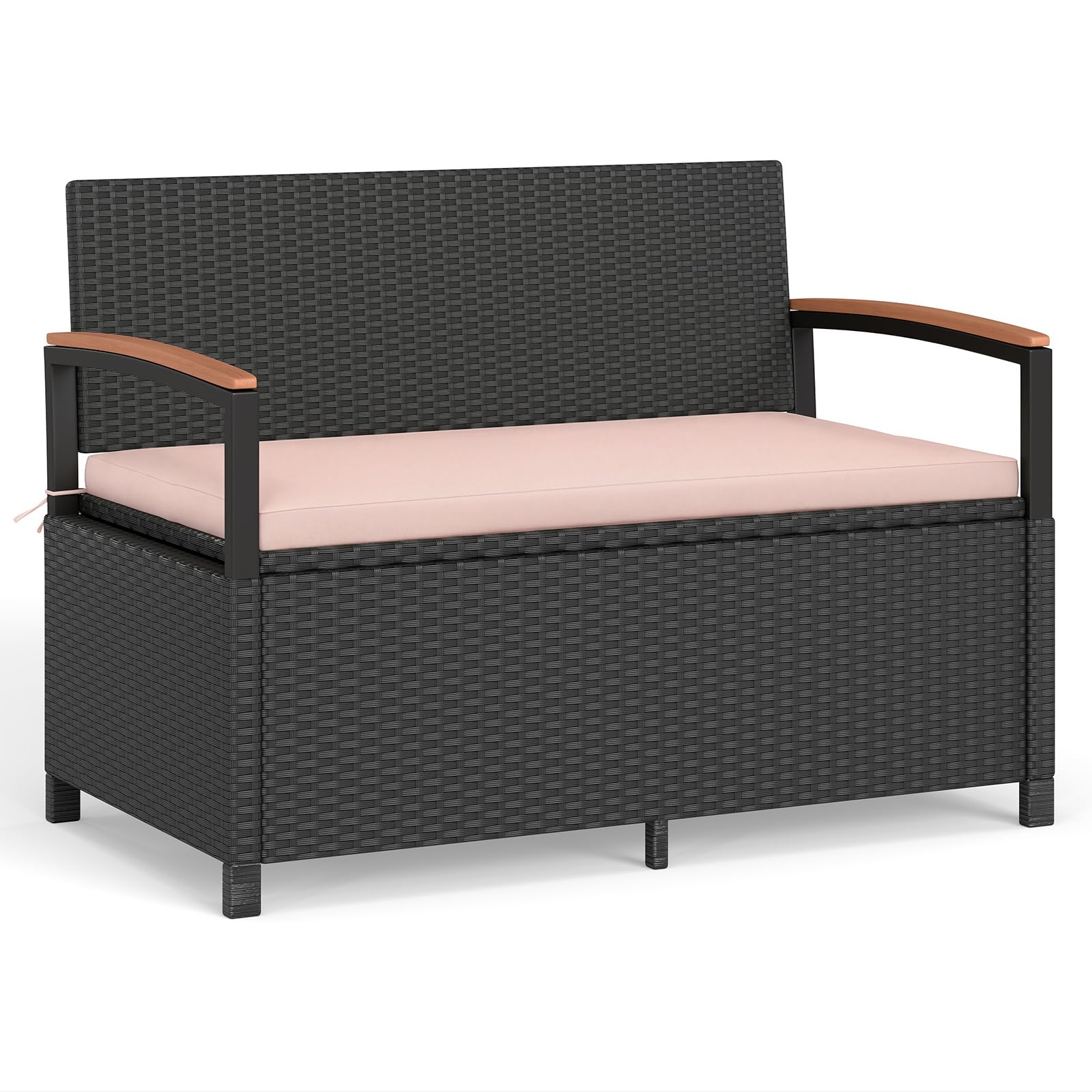 Tangkula 42 Gallon Outdoor Bench with Storage, Outdoor PE Rattan Storage Bench with Cushion, Backrest & Acacia Wood Armrests, Metal Frame, Waterproof Deck Box Seat for Porch Backyard Poolside