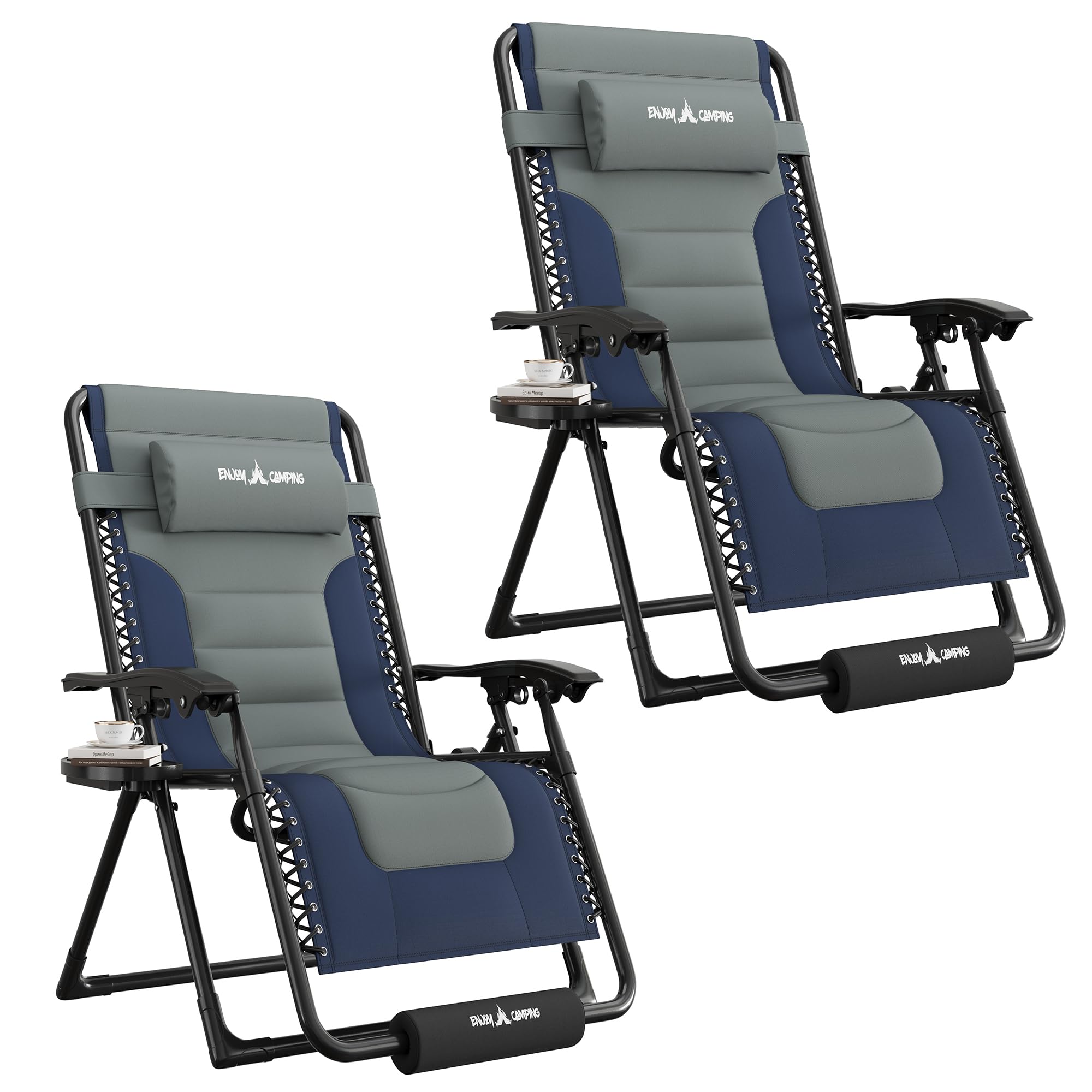 UDPATIO Zero Gravity Chair Oversized Outdoor Anti Gravity Chairs Patio Lounge Folding Adjustable Chair with Cup Holder, Foot Pad & Padded Headrest (2, Blue/Brown, 33in)