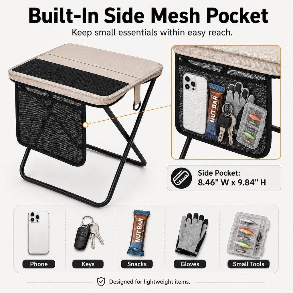 Portable Folding Stool for Adults, 2 Pack Foldable Backpack Stools with Shoulder Strap, 1.77 lb Lightweight Camping Stools, Compact Travel Seats for Fishing, Hiking, Gardening, Festivals, Khaki