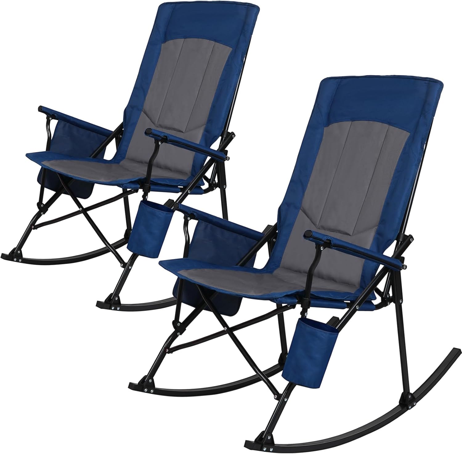 Romswi 2PCS Folding Rocking Camping Chair for Adults, Heavy Duty XL Padded Rocker with High Back, Portable Outdoor Rocking Chair for Patio, Lawn, Garden, Beach Up tp 400 lbs, Blue