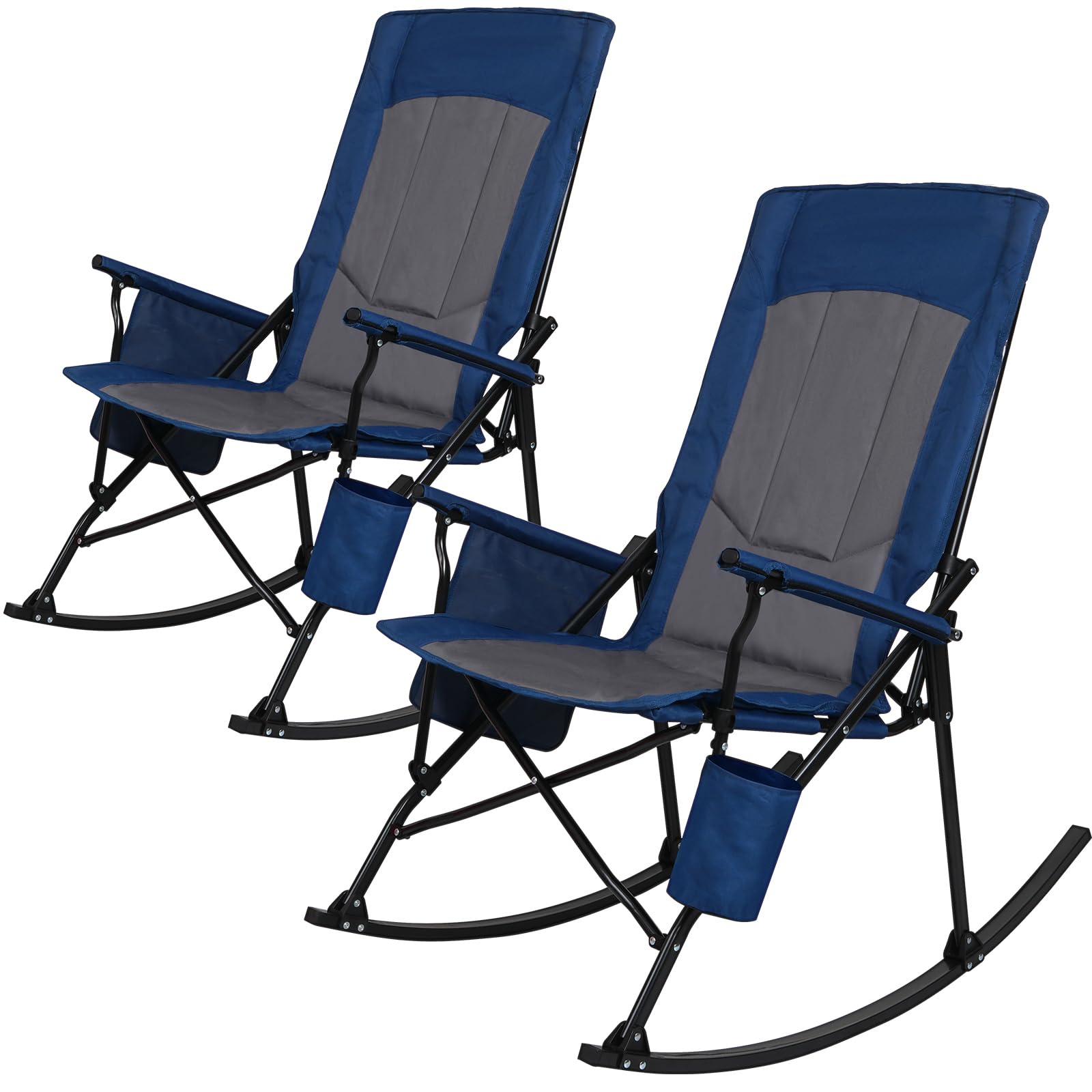 Romswi 2PCS Folding Rocking Camping Chair for Adults, Heavy Duty XL Padded Rocker with High Back, Portable Outdoor Rocking Chair for Patio, Lawn, Garden, Beach Up tp 400 lbs, Blue