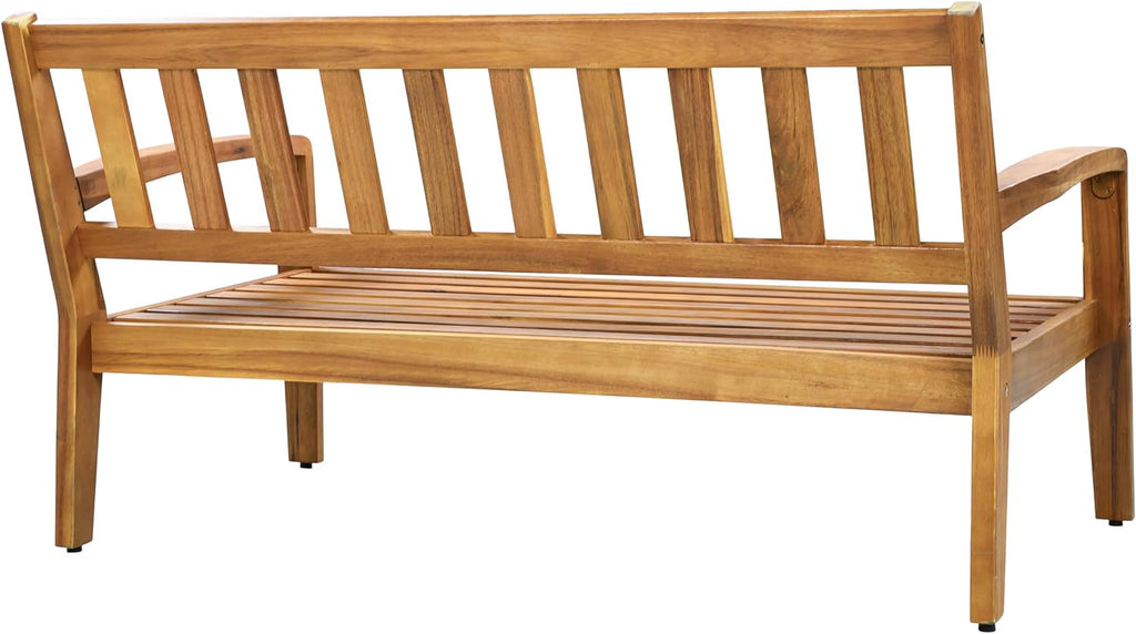 Merax Outdoor Acacia Wood Conversation Set - Patio Loveseat Sofa w/Coushion & Adjastable Feet and Coffee Table with Shelf for Backyard, Lawn, Balcony, Poolside Beige+Teak Finish