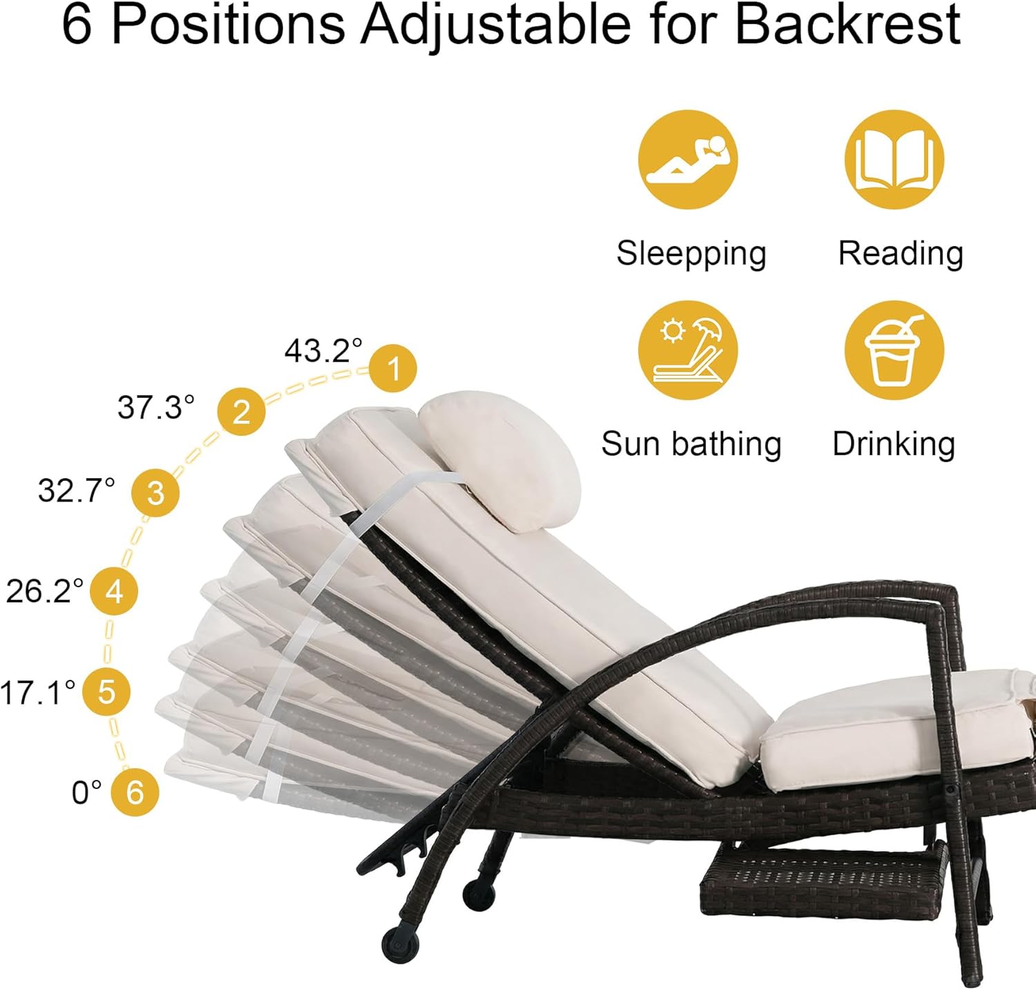 2-Pack White PE Rattan Chaise Lounge, 6-Position Adjustable with Side Table