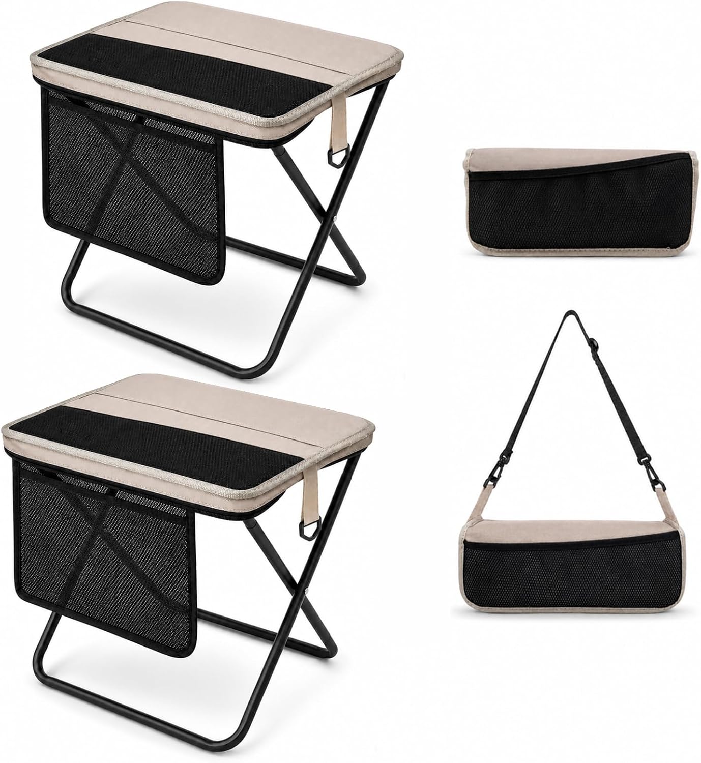 Portable Folding Stool for Adults, 2 Pack Foldable Backpack Stools with Shoulder Strap, 1.77 lb Lightweight Camping Stools, Compact Travel Seats for Fishing, Hiking, Gardening, Festivals, Khaki