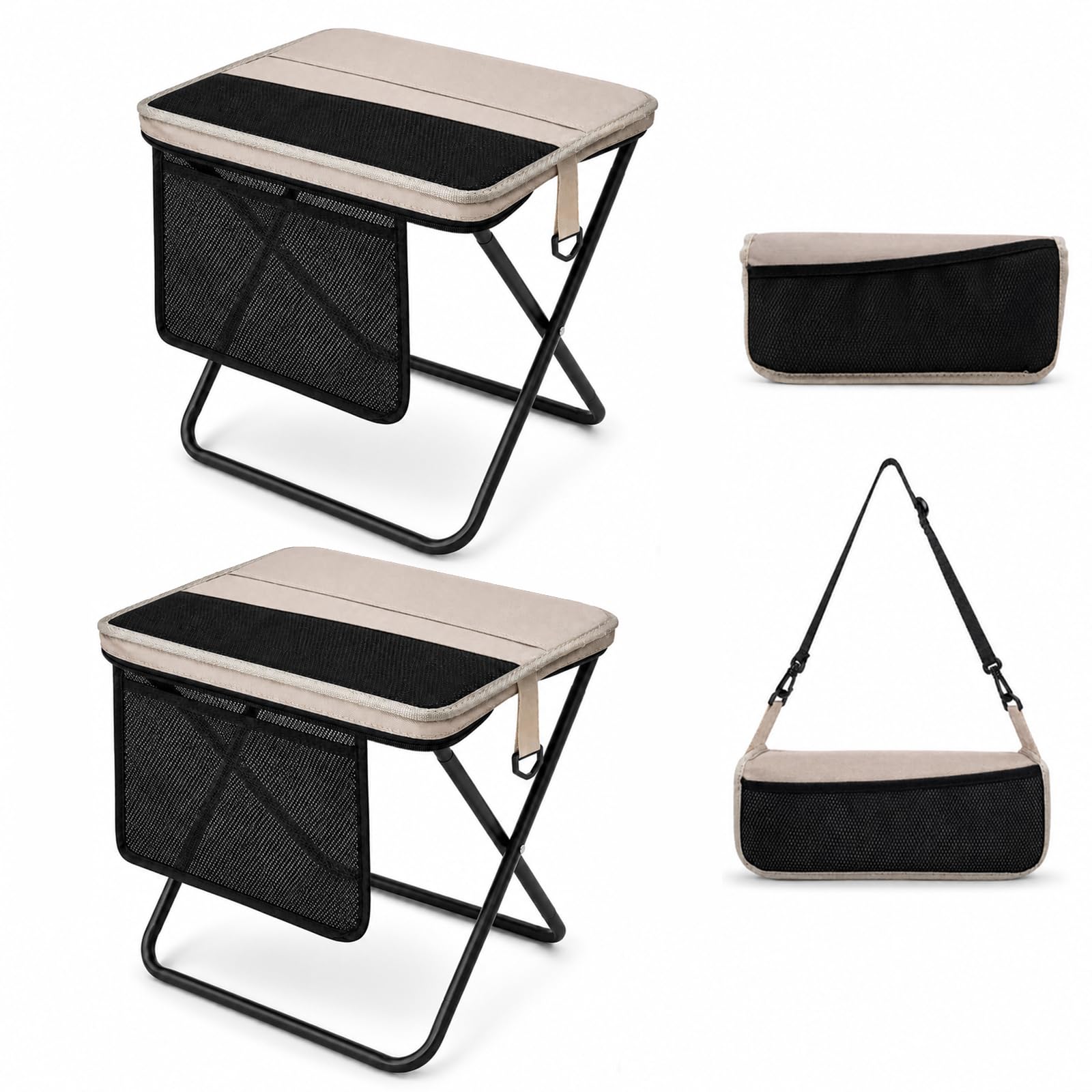 Portable Folding Stool for Adults, 2 Pack Foldable Backpack Stools with Shoulder Strap, 1.77 lb Lightweight Camping Stools, Compact Travel Seats for Fishing, Hiking, Gardening, Festivals, Khaki