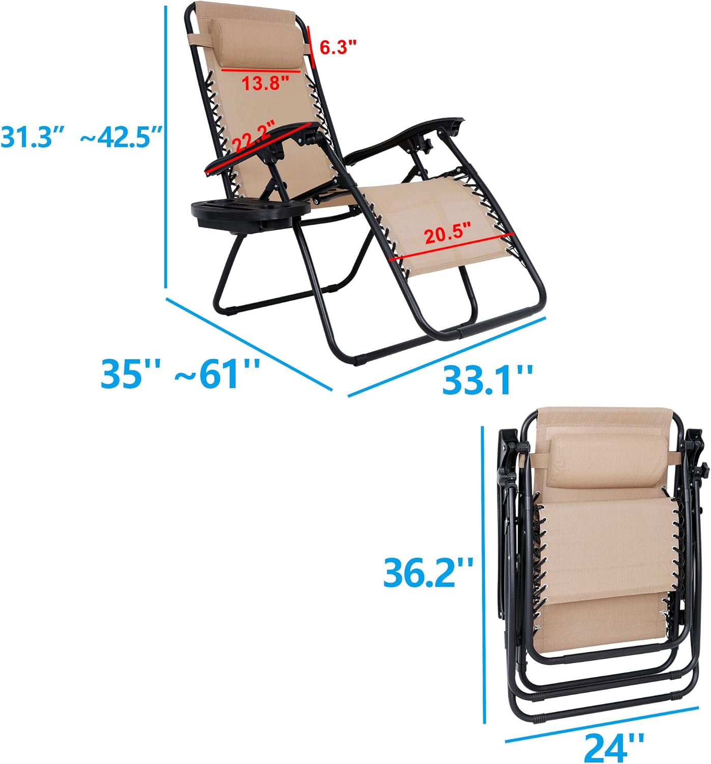 SUPER DEAL Zero Gravity Chair Set of 2 Folding Anti Gravity Recliner Outdoor Patio Beach Lounger Chair with Side Cup Holder Tray and Pillow for Patio, Poolside, Backyard, Deck, Heavy Duty Steel Frame